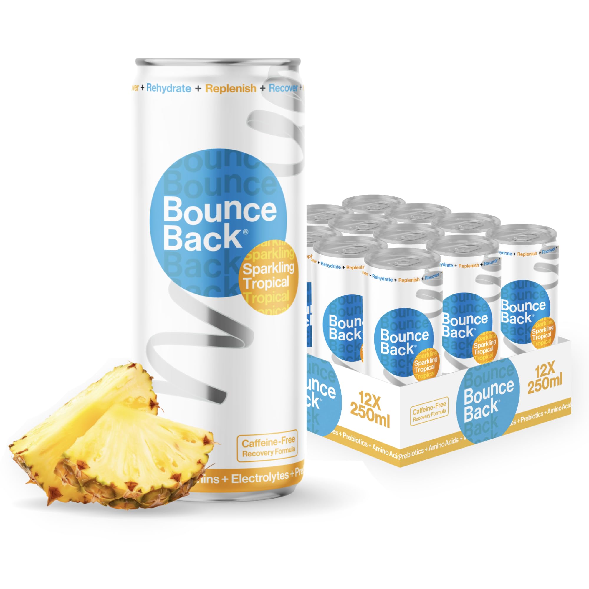 Caffeine-Free Sparkling Water with B12, Electrolytes, Vitamins & Prebiotics | Vegan, Low-Calorie Hydration Drink for Gut Health, Immunity and Recovery | Tropical Flavour | 12 x 250ml