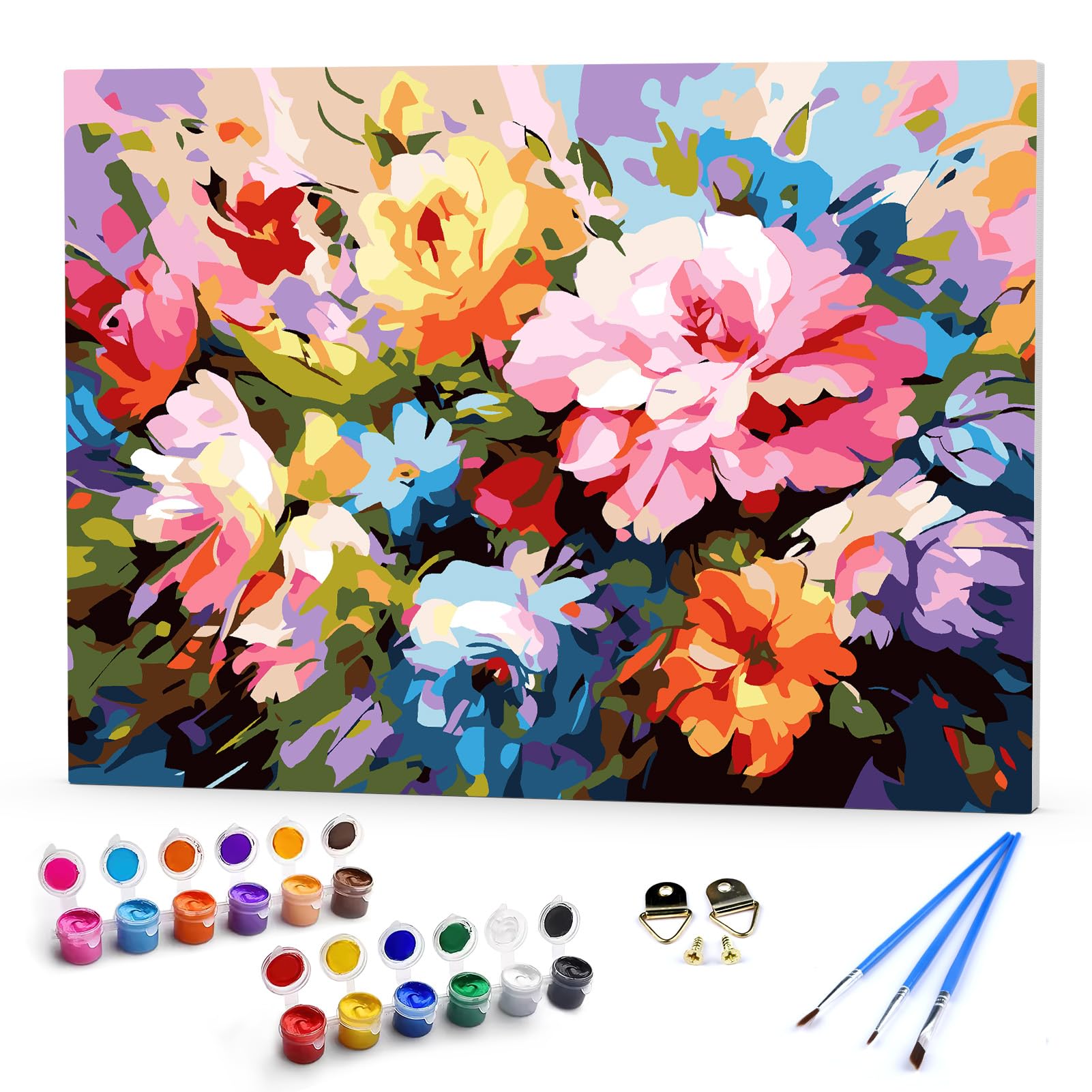 DAERLE Pintar por Numeros Adultos Enmarcado Flores de colores, DIY Pintura por Números, Kit de Pintura al óleo de Lienzo para con Pinceles, Cuadros por numeros Pigmento Acrílico 40x30cm