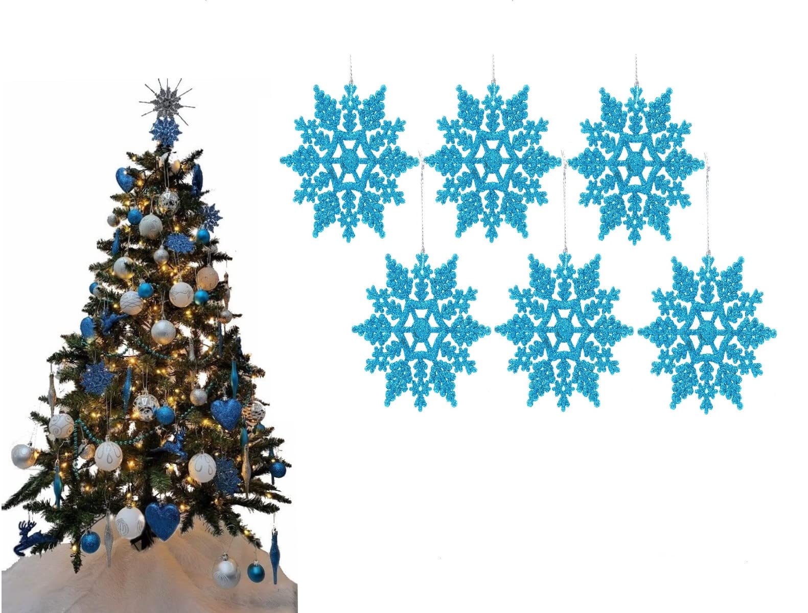 Simply Products Turquoise Pack Of 6-10Cm Glitter Hanging Decoration, Snowflakes Christmas Tree Decorations (Turquoise)