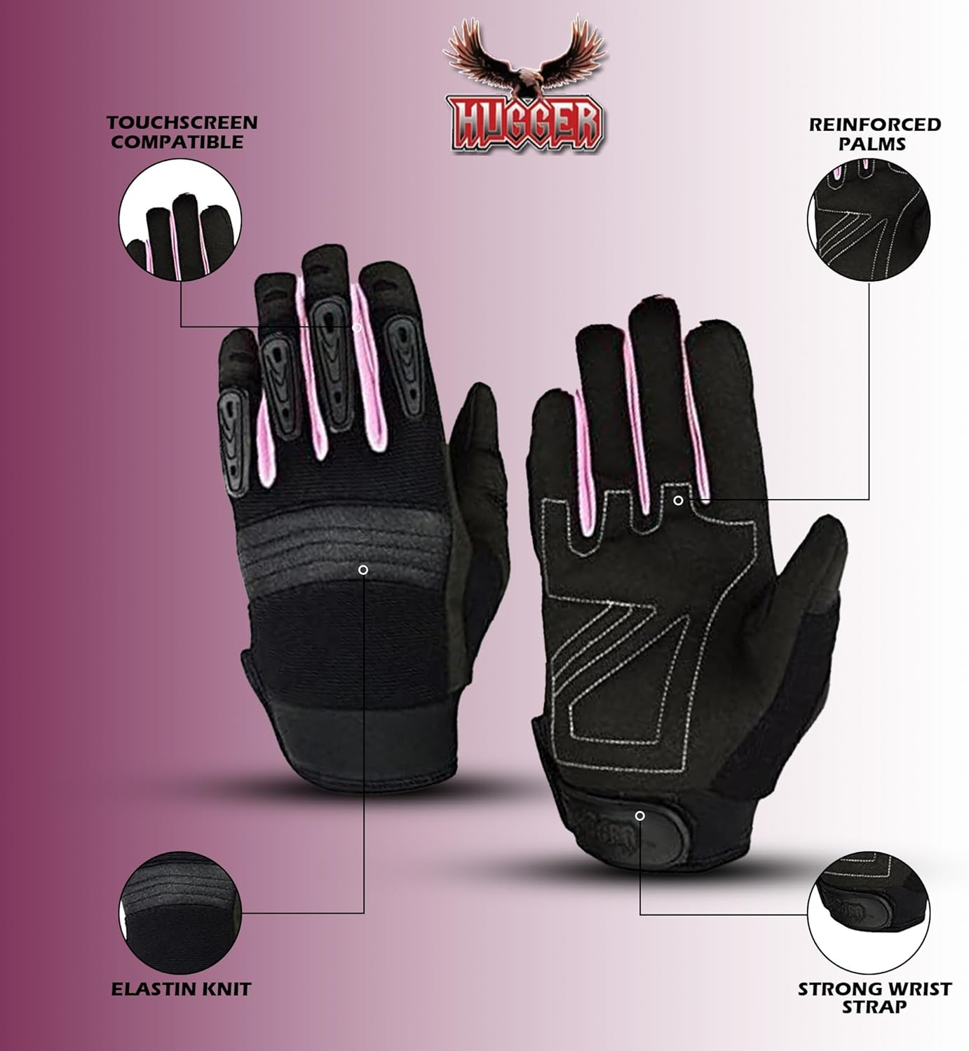 Hugger Women's Touchscreen Full Finger Motorcycle Gloves w/Reinforced Palms for Riding, Cycling, Climbing, Work, Sports