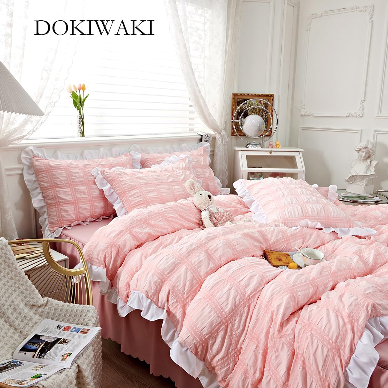 Pink Ruffle Duvet Cover Queen Seersucker Microfiber Vibrant Comforter Cover and Pillow Cases Spring Bedding 3pcs Set for Qulit Blanket Girls Kids Bedroom Lightweight