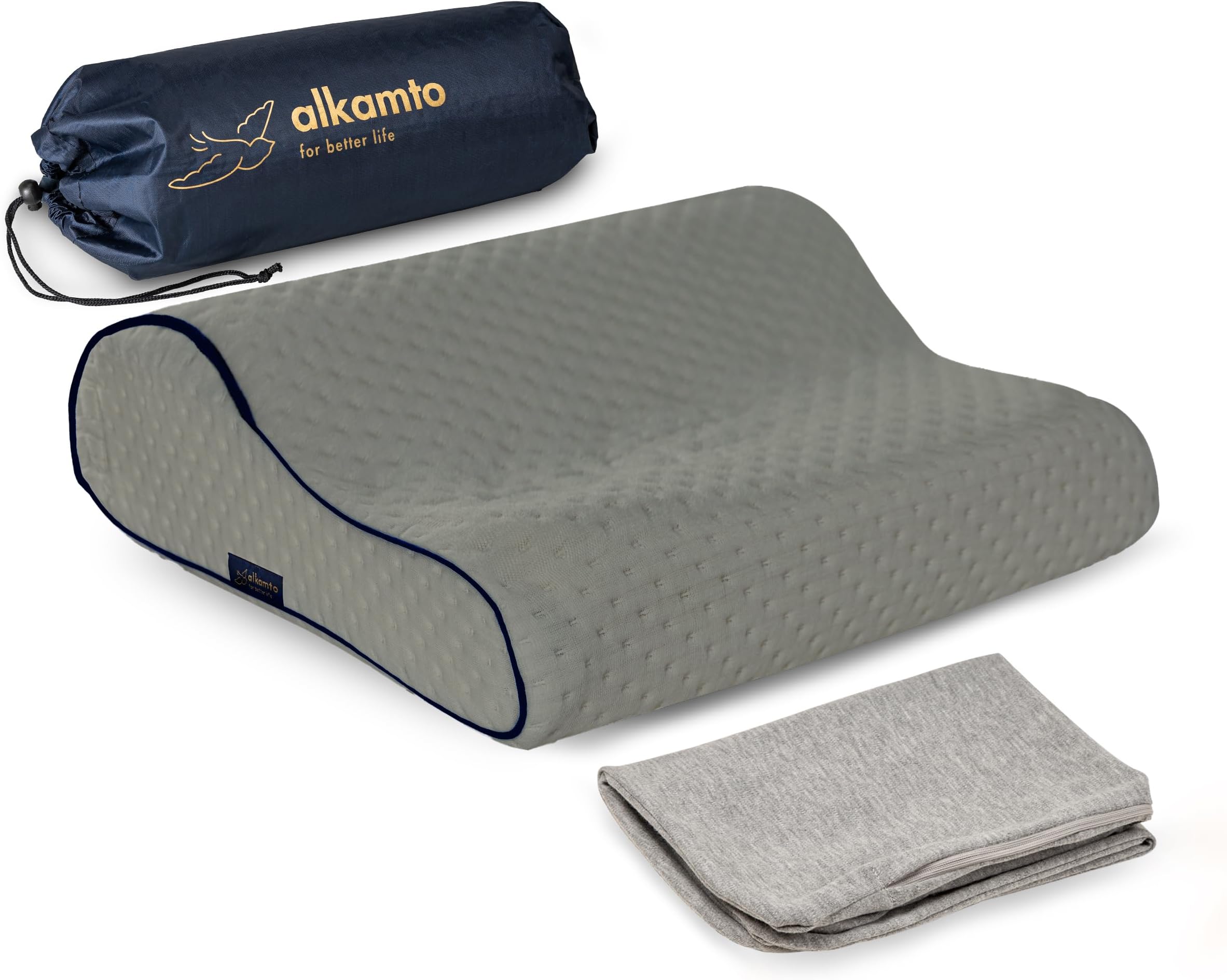 alkamto Travel & Camping Comfortable Memory Foam Pillow – Easy to Carry Portable Bag – Temperature Regulating Pillow Case