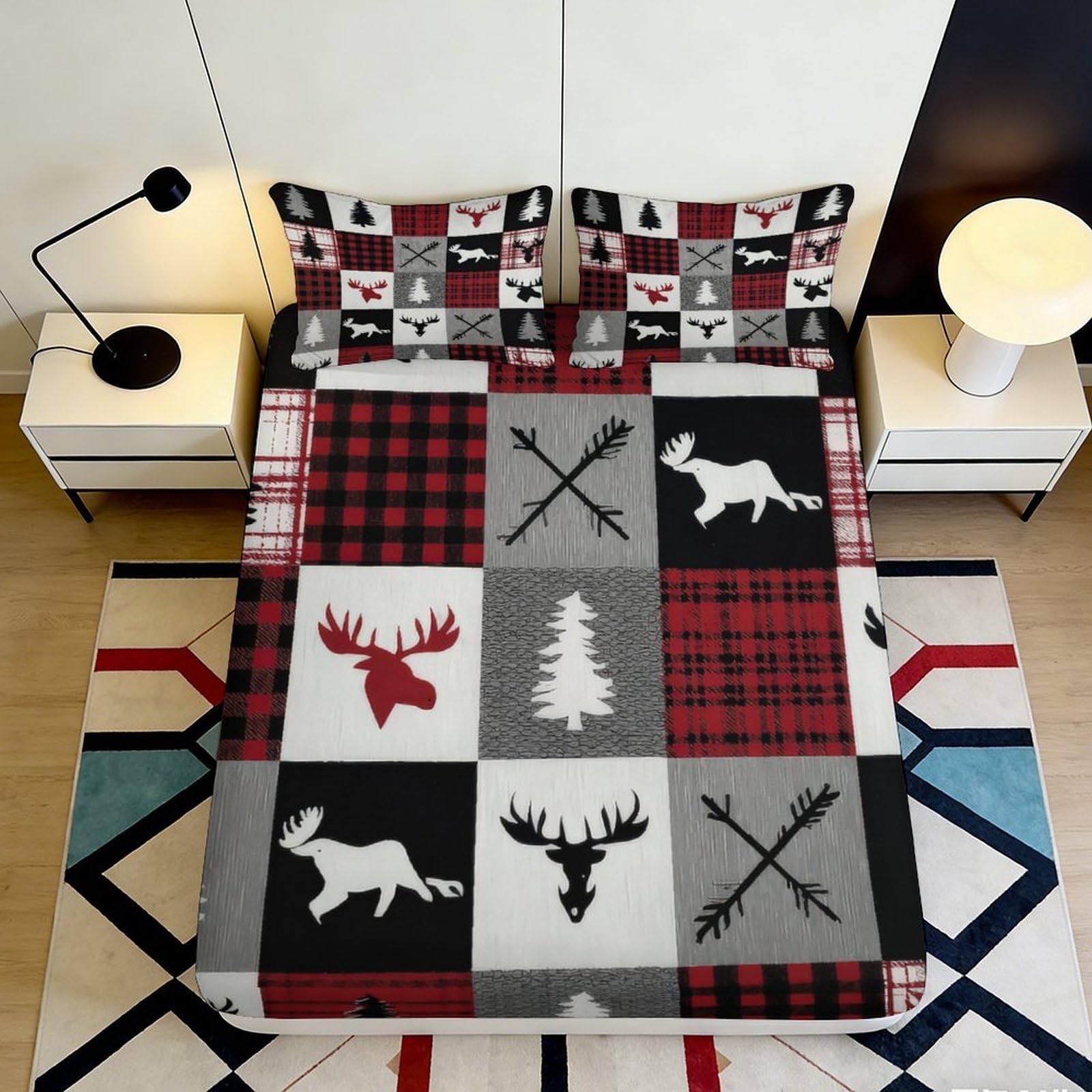 3D Printed Plaid Moose Fitted Sheet Microfiber Soft Lodge Pine Mattress Cover for Bedroom Guest Room Easy Care 180x200x25cm