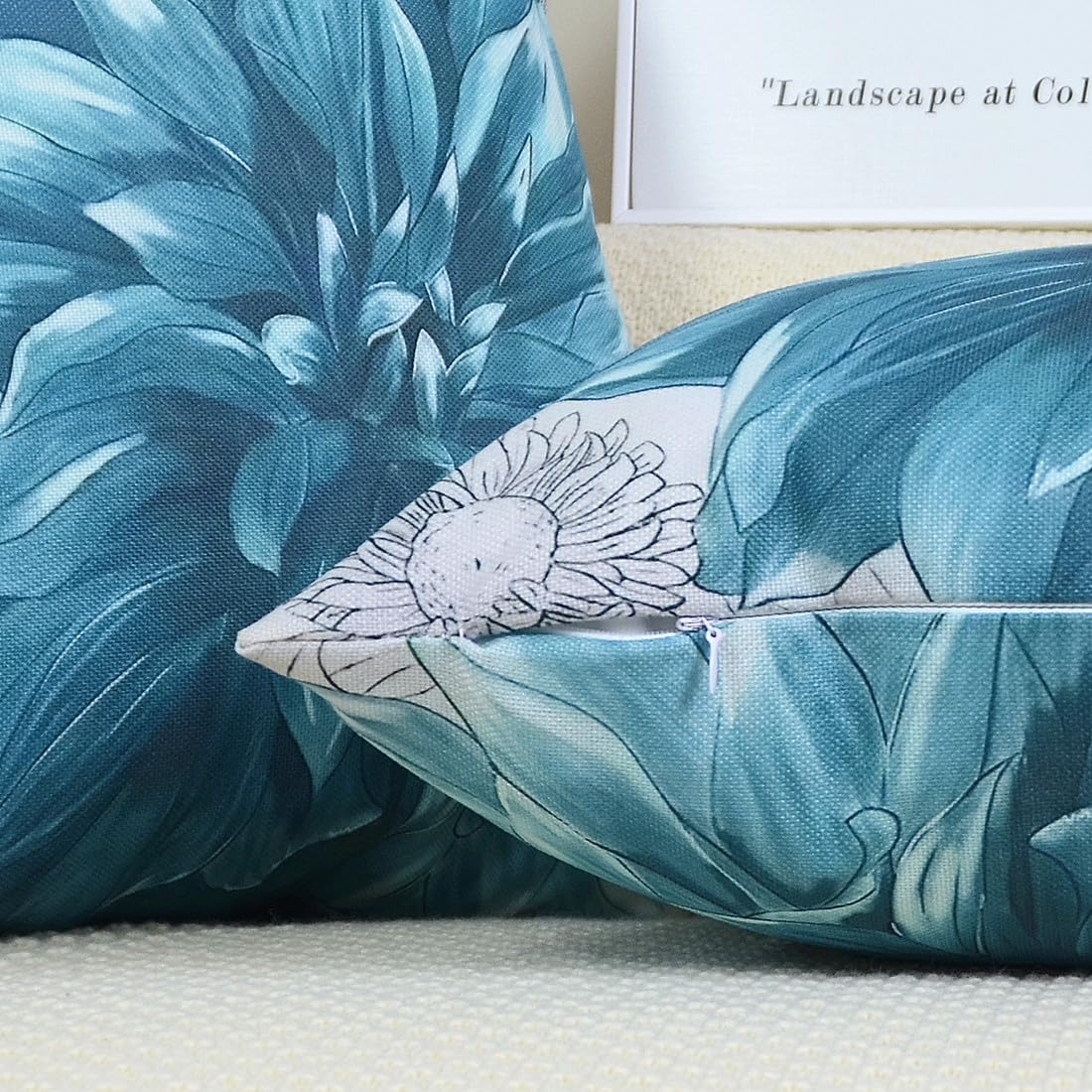 QUALKNOY Set of 2 Cushion Covers 18"x18" Teal Flowers Double-sided Pattern Modern Decorative Throw Pillow cases 45 x 45cm for Living Room Sofa Outdoor Garden Floral Pillowcases - Image 4
