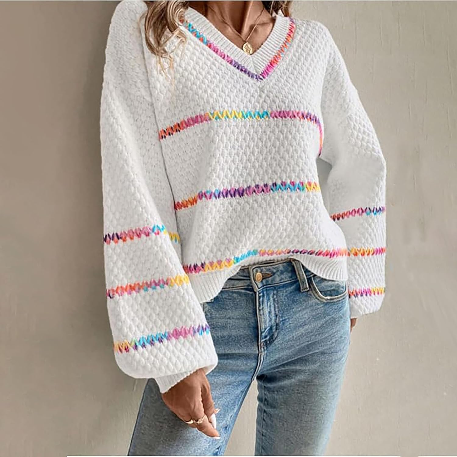 Womens Fall Sweaters Oversized Pullover V Neck Stripe Long Sleeve Drop Shoulder Knit Top Loose Rainbow Chunky Top - Image 4