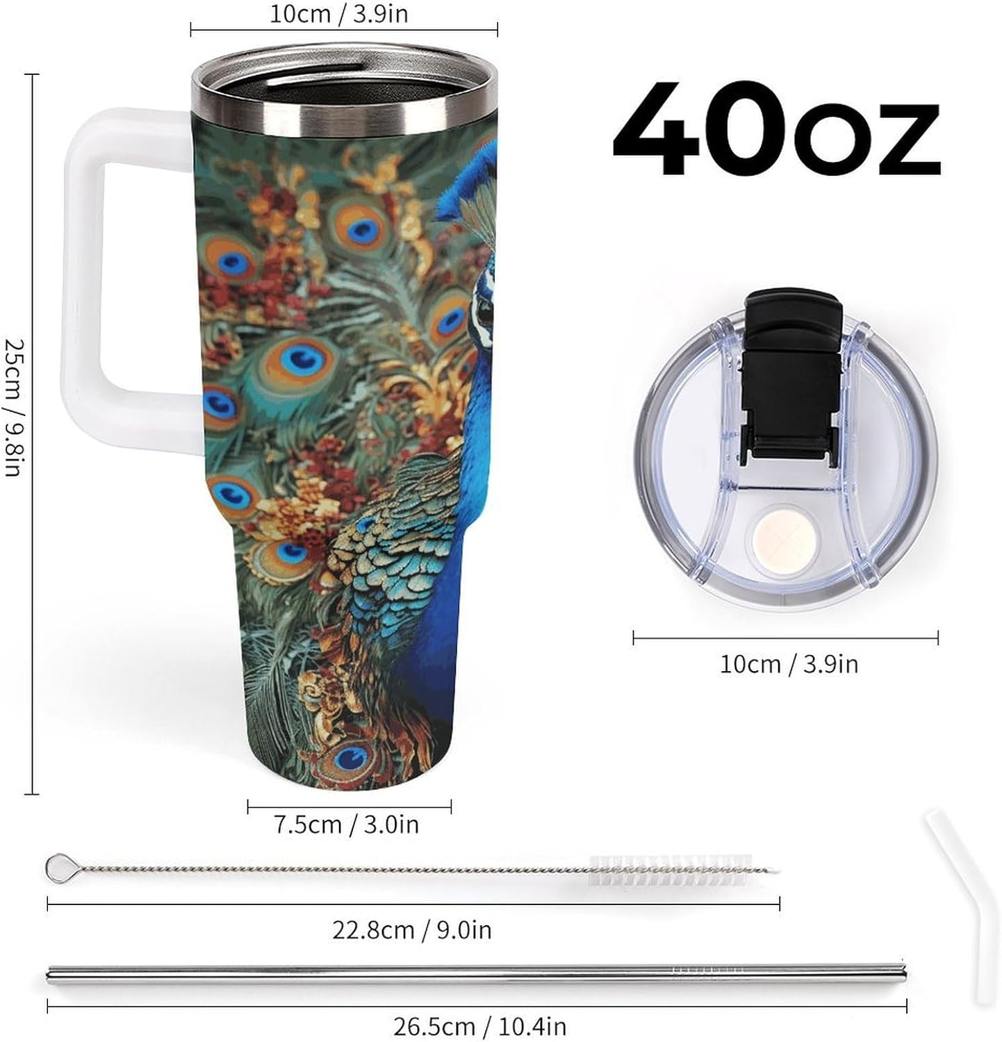 Elegant Peacock Travel Coffee Mug Reusable Durable Stainless Steel Insulated Tumbler with Handle And Straw Leak Resistant Portable Thermal Cup Gifts for Men Women 40 Oz