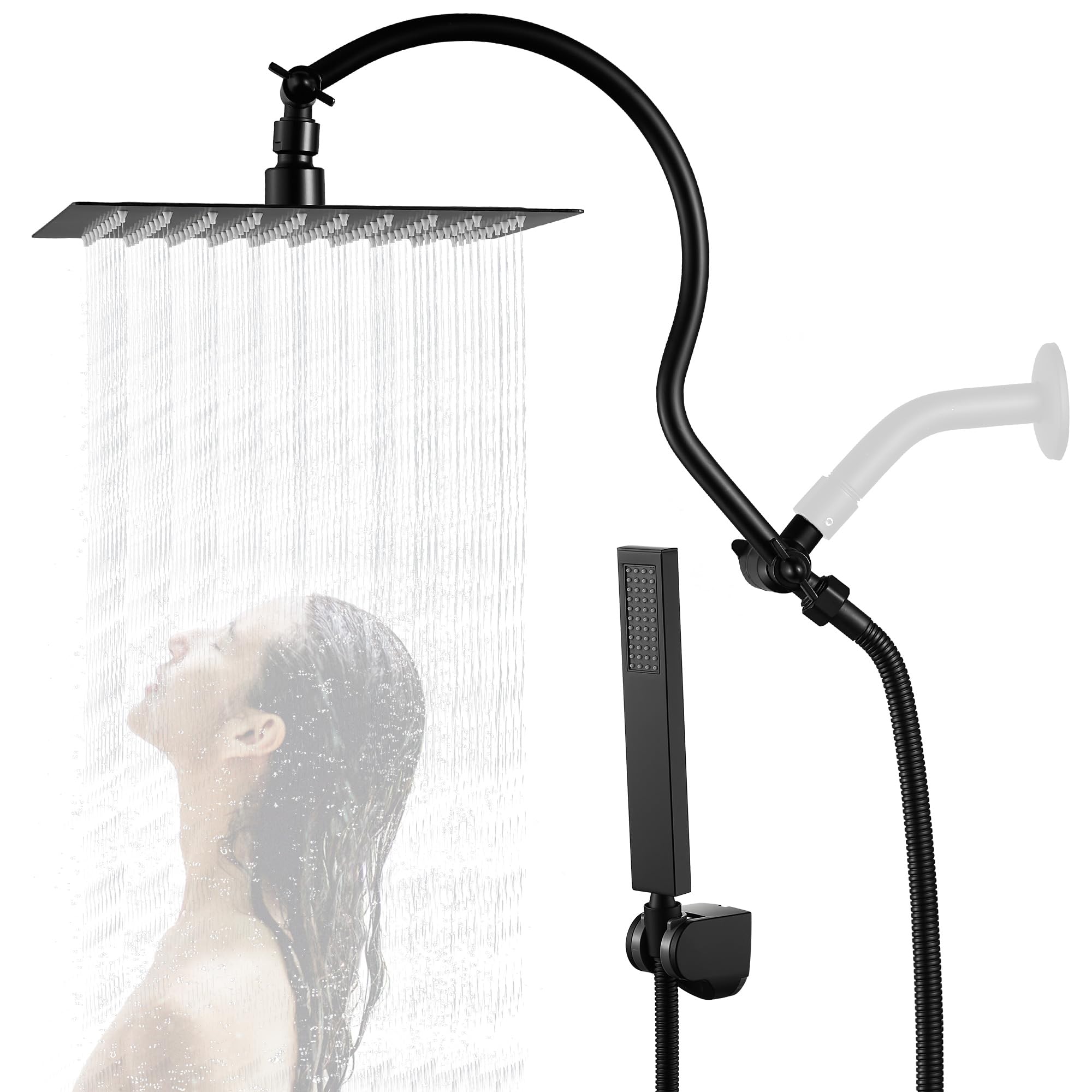 Fransiton Black Shower Head Handle Set, 10 Inch Square Shower Head with Handheld Spray Combo, Rainfall High Pressure Shower Head Extension Arm, 71 Inch Long Hose, Showerhead Holder for Couples
