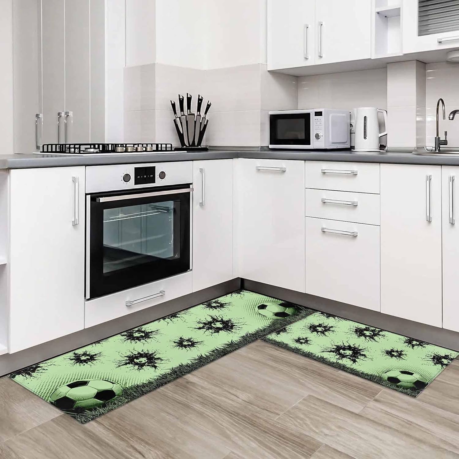 Kitchen Mats for Floor Modern Sport Art Football Grass Washable Non Slip Kitchen Rugs 2PCS, Green Black Abstract Texture Absorbent Standing Mats for Sink Office Living Room 15.7x23.6in+15.7x47.2in