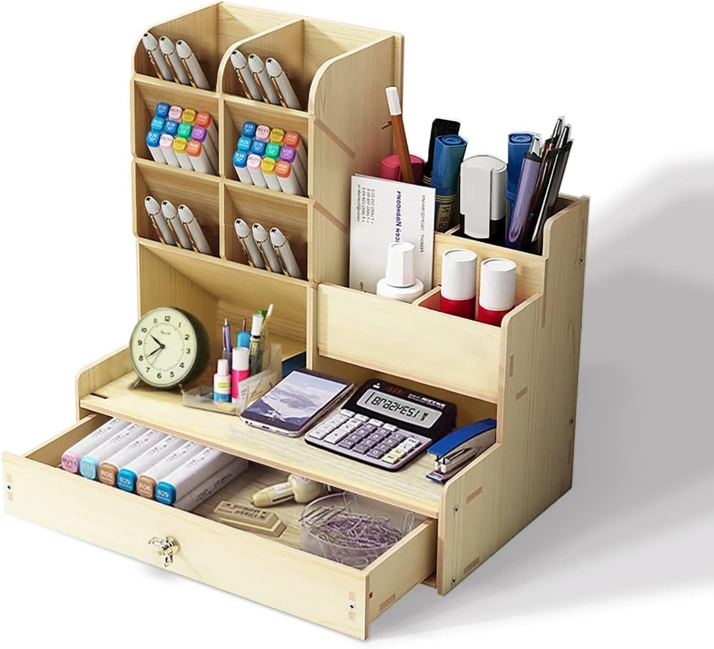 BREEZENEST Wooden Desktop Organizer, Large Capacity Office Storage Box with Drawer, Multi-Functional Stationery Holder for Home Office School Supplies