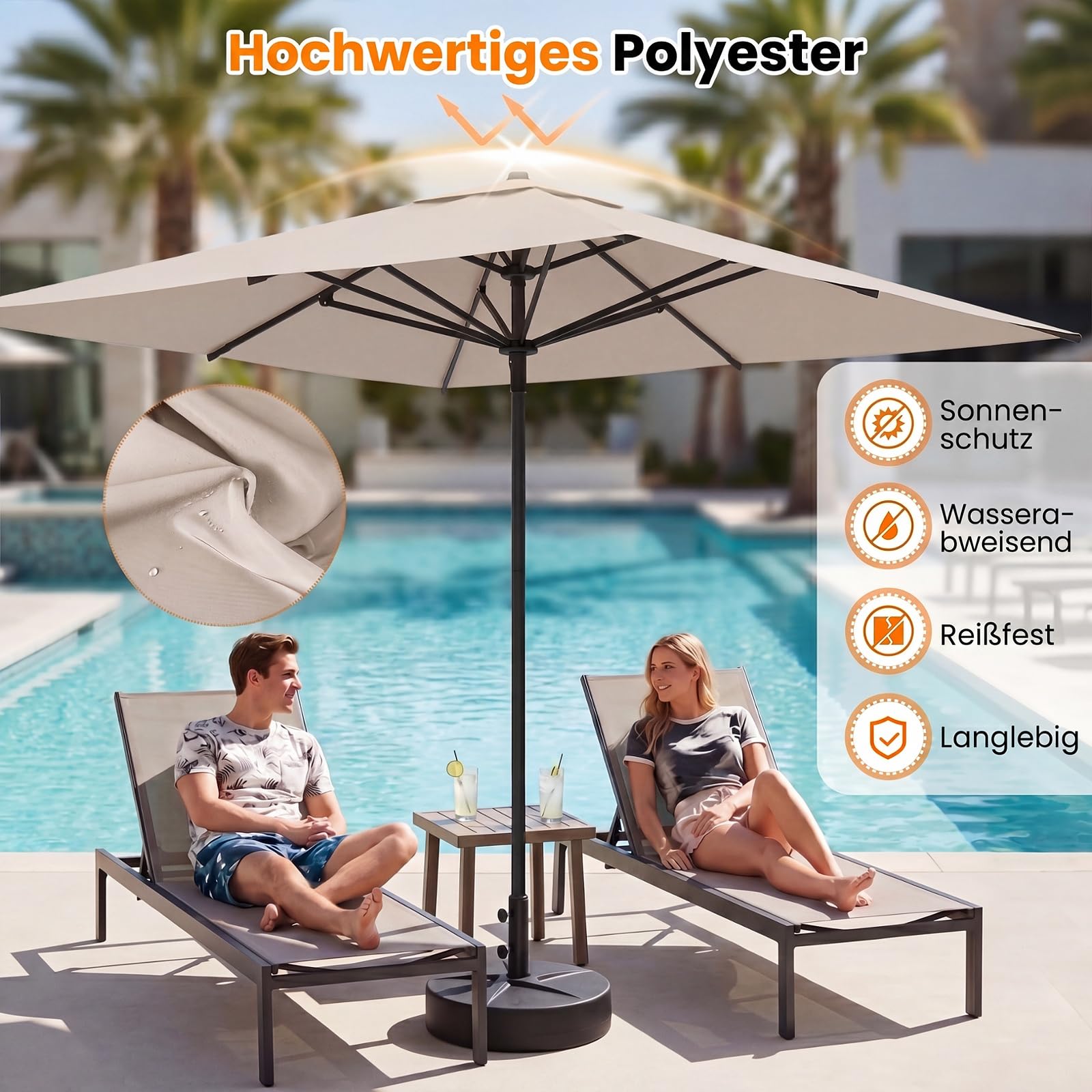 COSTWAY Sonnenschirm Alu 300 x 300 cm, quadratischer Gartenschirm, Terrassenschirm, Marktschirm für Garten, Balkon, Terrasse (Beige)
