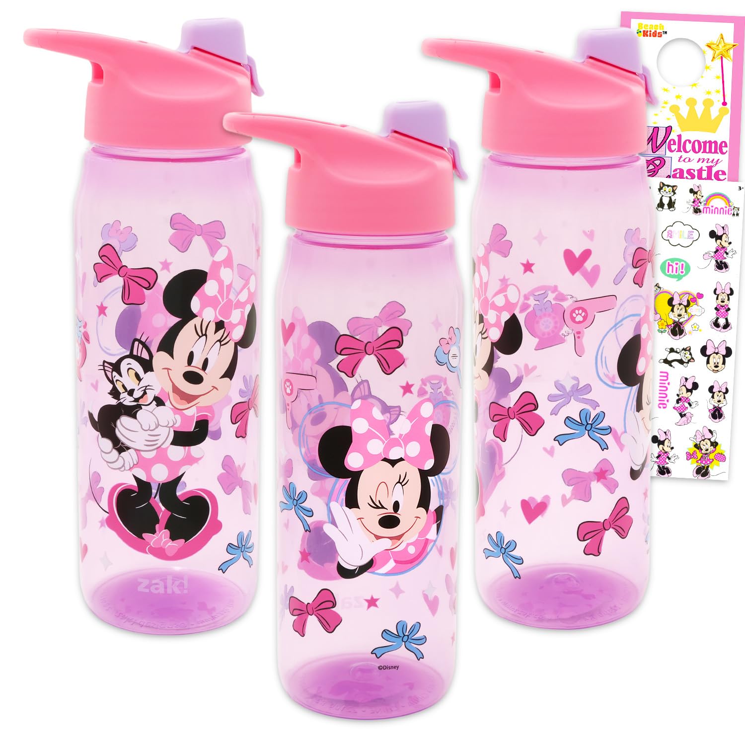 Disney Minnie Mouse Water Bottles 3 Pack - Bundle with 3 Reusable Drink Cups for Home, School, Sports, Party Favors Plus Stickers, More | Minnie Mouse Water Bottles Set