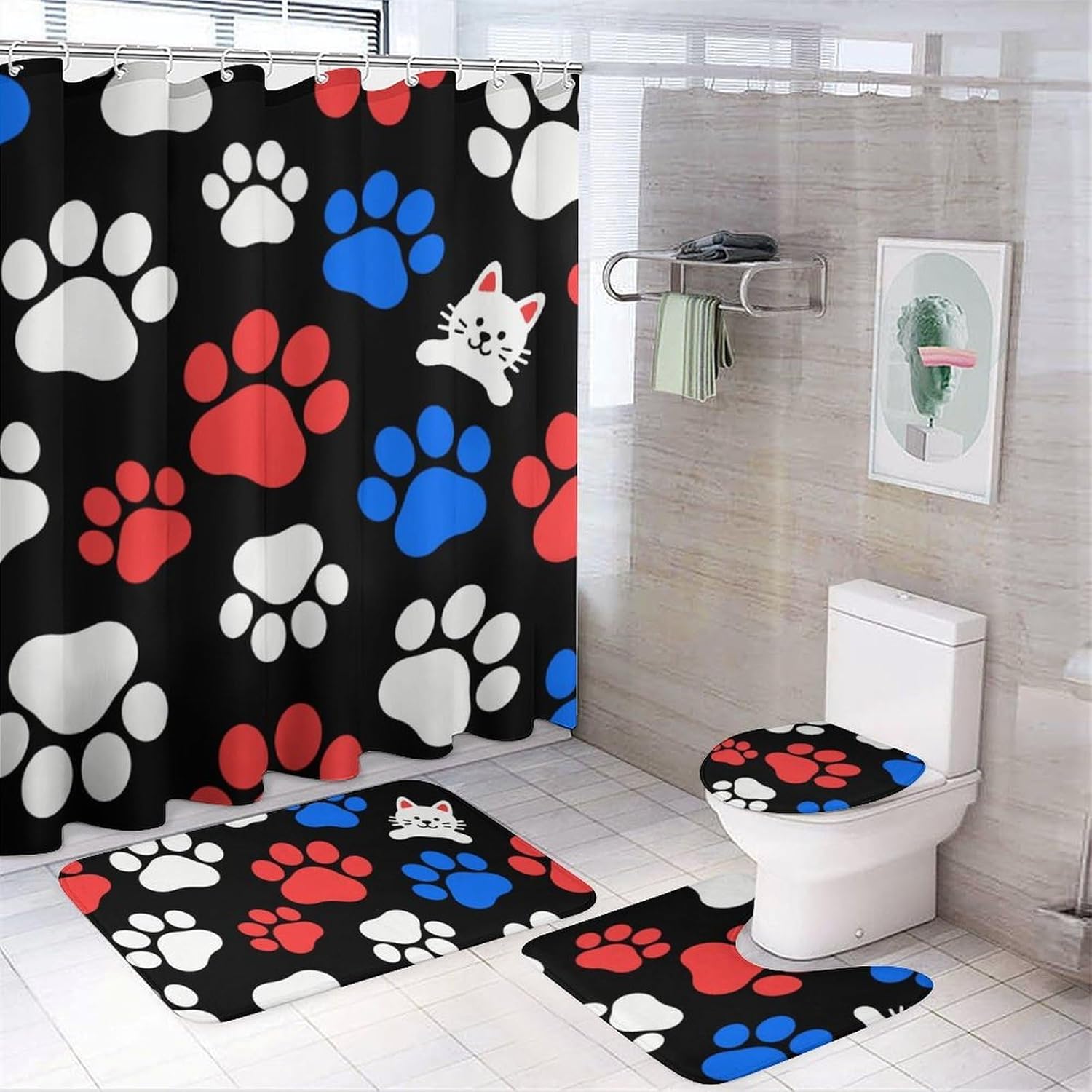 Red Blue White Dogs and Cats Paws Shower Curtain Set 4 Piece, Non-Slip Bath Mat with Toilet Lid Cover and Waterproof Shower Curtain with 12 Hooks, Complete Bathroom Set for Home Decor