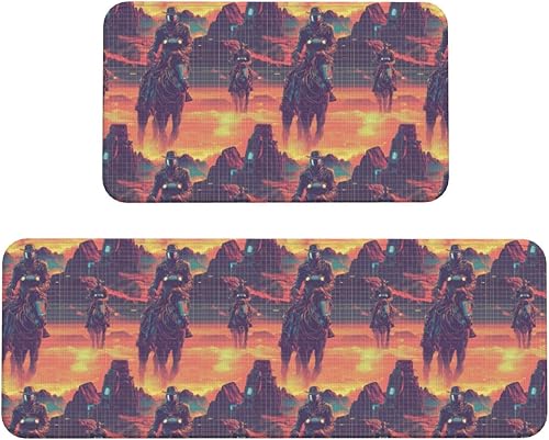 Antifatigue Kitchen Mats for Floor 2 Piece - Cyber Retro Western Cowboy Print Kitchen Rugs Non Slip Washable, Runner Rug Standing Mat for