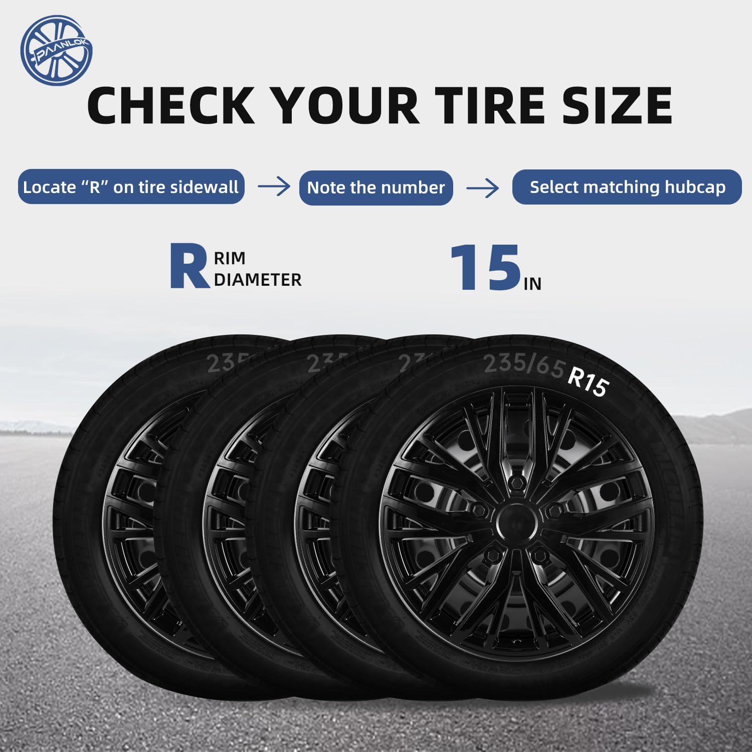 15 Inch Gloss Black Sporty 10-Spoke Design Universal Wheel Covers Hubcaps for Steel Wheels, Set of 4, Patented Adjustable Snap-On Design, Tool-Free Install