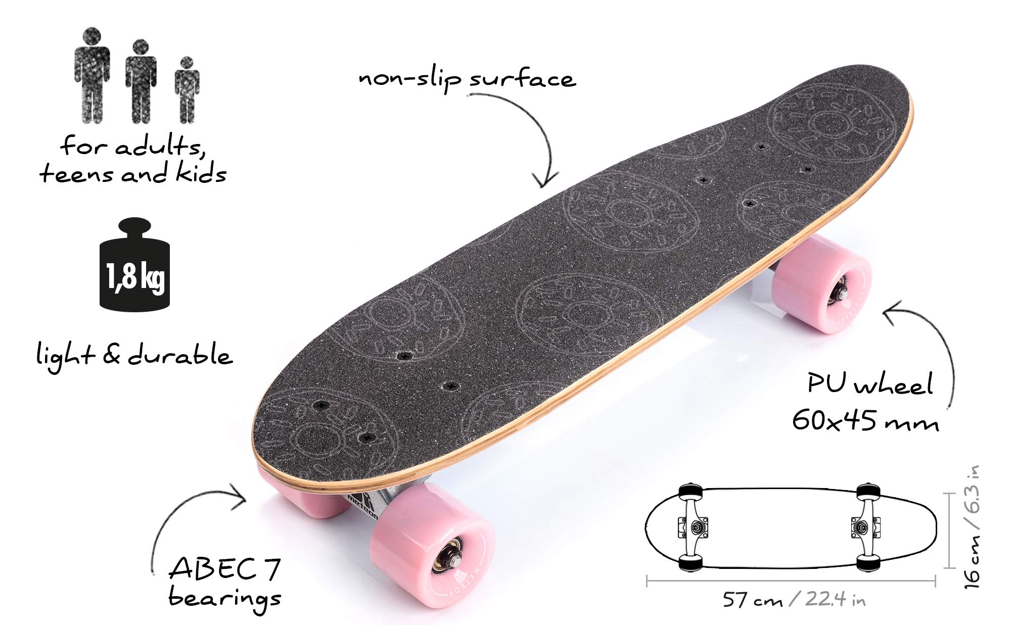 meteor Fancy Board Vintage Mini Cruiser Complete Bois véritable Érable Canadien Skateboard Ridge Mini Skate Planche a roulettes rétro 55 cm / 22" (Donuts)