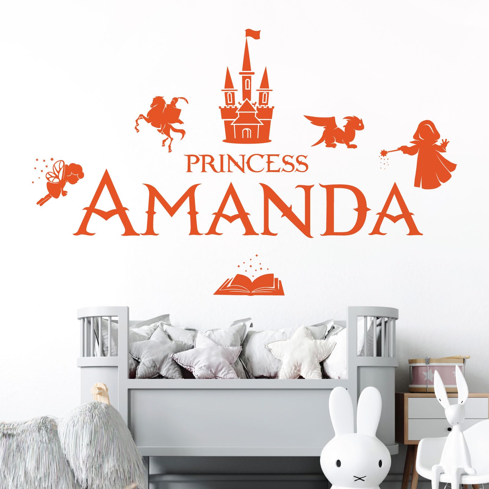 Personalised Name Girls Wall Art Sticker - Princess Castle Dragon Knight Magic Tale Wizard [Large] [Orange]