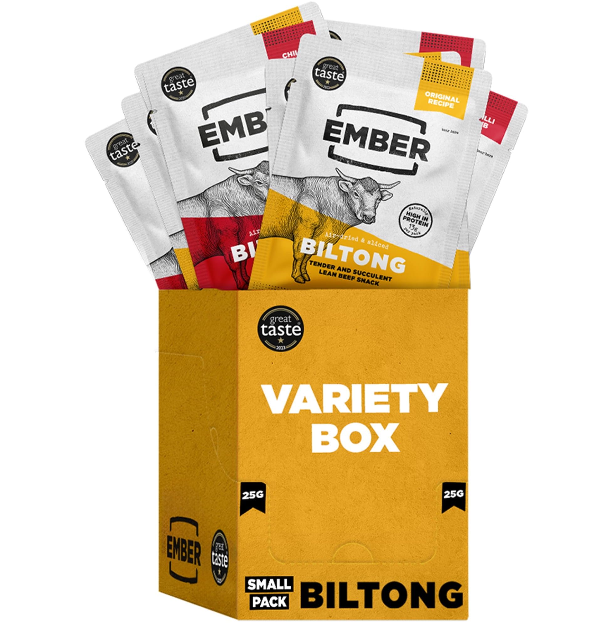 Ember Beef Biltong Varietà 250g - Snack Proteico Jerky di Carne Secca - Pochi Grassi, Senza Zuccheri Aggiunti, Keto, Senza Coloranti o Aromi Artificiali - 10 Bustine da 25g
