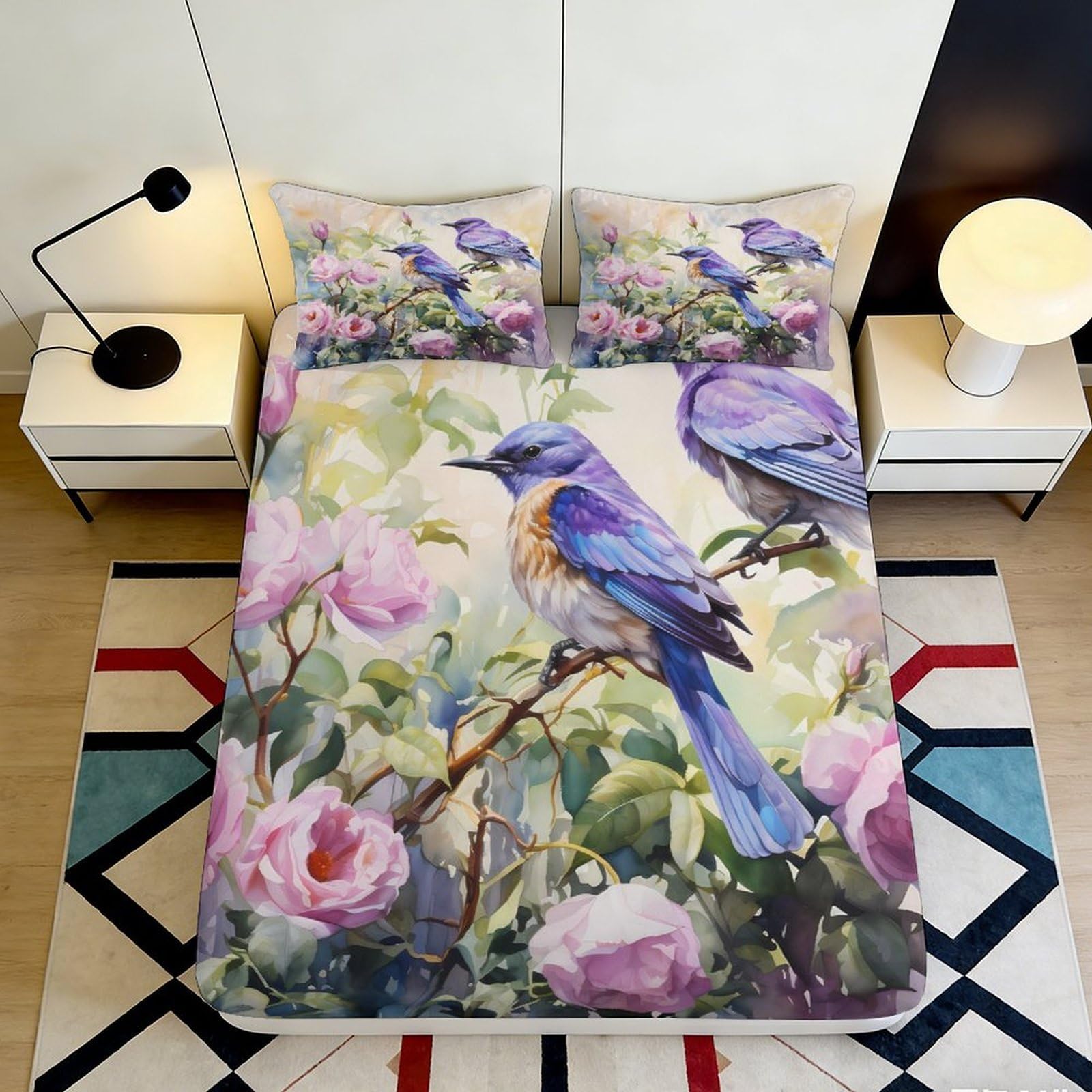 3D Printed Floral Bird Fitted Sheet Microfiber Soft Breathable Garden Mattress Cover for Bedroom Dormitory Guest Room Mattress Protection Decor 200x200x25cm