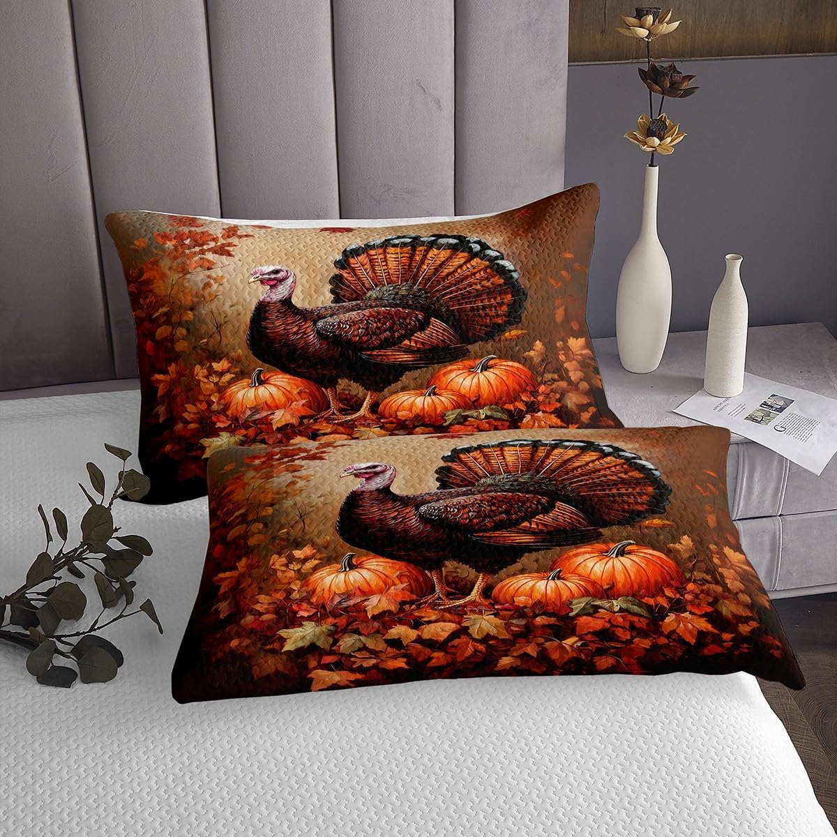 Erosebridal Thanksgiving Turkey Theme Quilt Set Twin Farm Animal Print Bedspread Fall Pumpkin Maple Leaf Coverlet Set for Kids Boys Girls Adults Orange Festival Decor Bed Sets