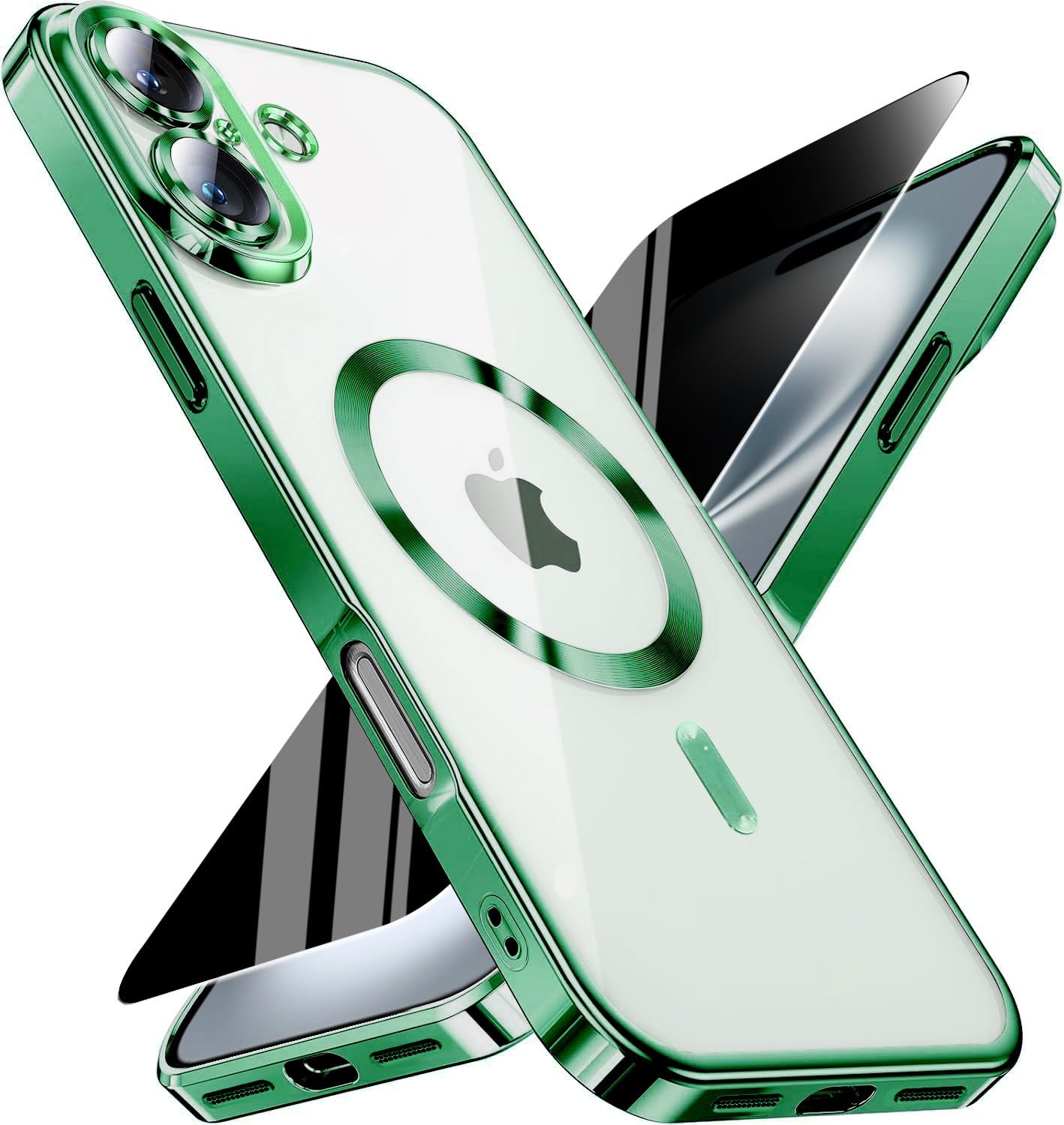 Magnetic for iPhone 16 Plus Case with Privacy Screen Protector &amp; Full Camera Cover,[Non-Yellowing] Plating Glossy Soft Shockproof Clear Phone Case with MagSafe Women Girls for iPhone 16Plus 6.7",Green