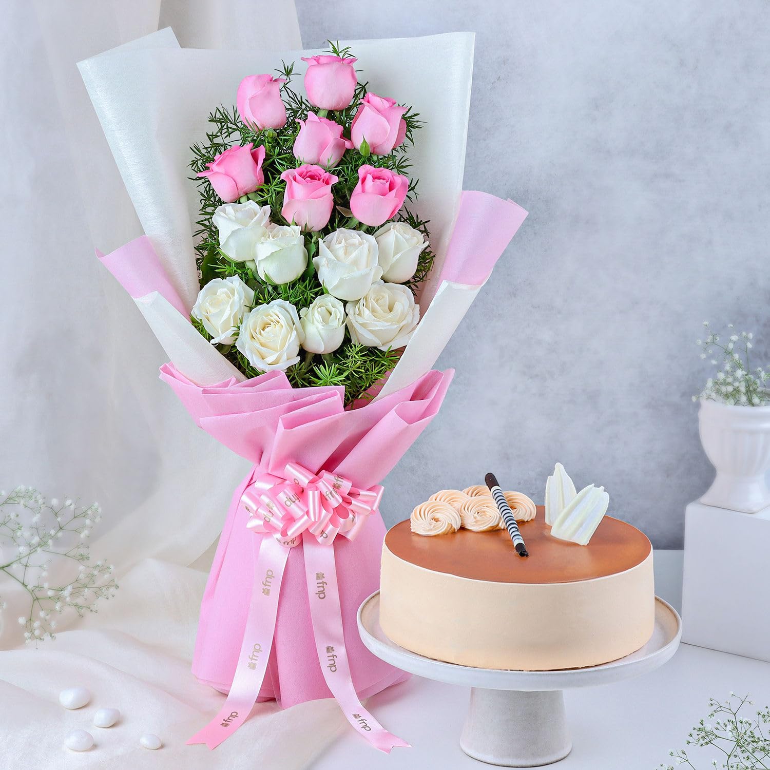 Fnp Pink & White Roses & Butterscotch Cake-picture-12