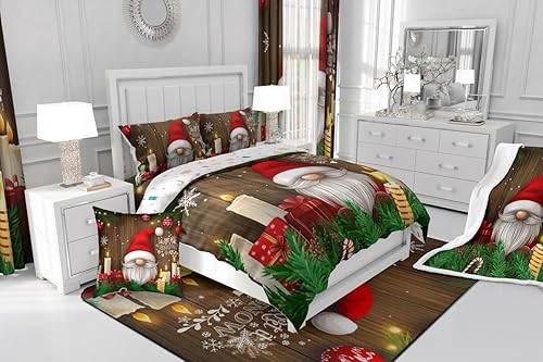 Miniatura 4 de Erosebridal Juego de ropa de cama de gnomo escandinavo de Navidad, bola de Navidad roja, Papá Noel, rama de pino, nieve, tablones de madera rústica,