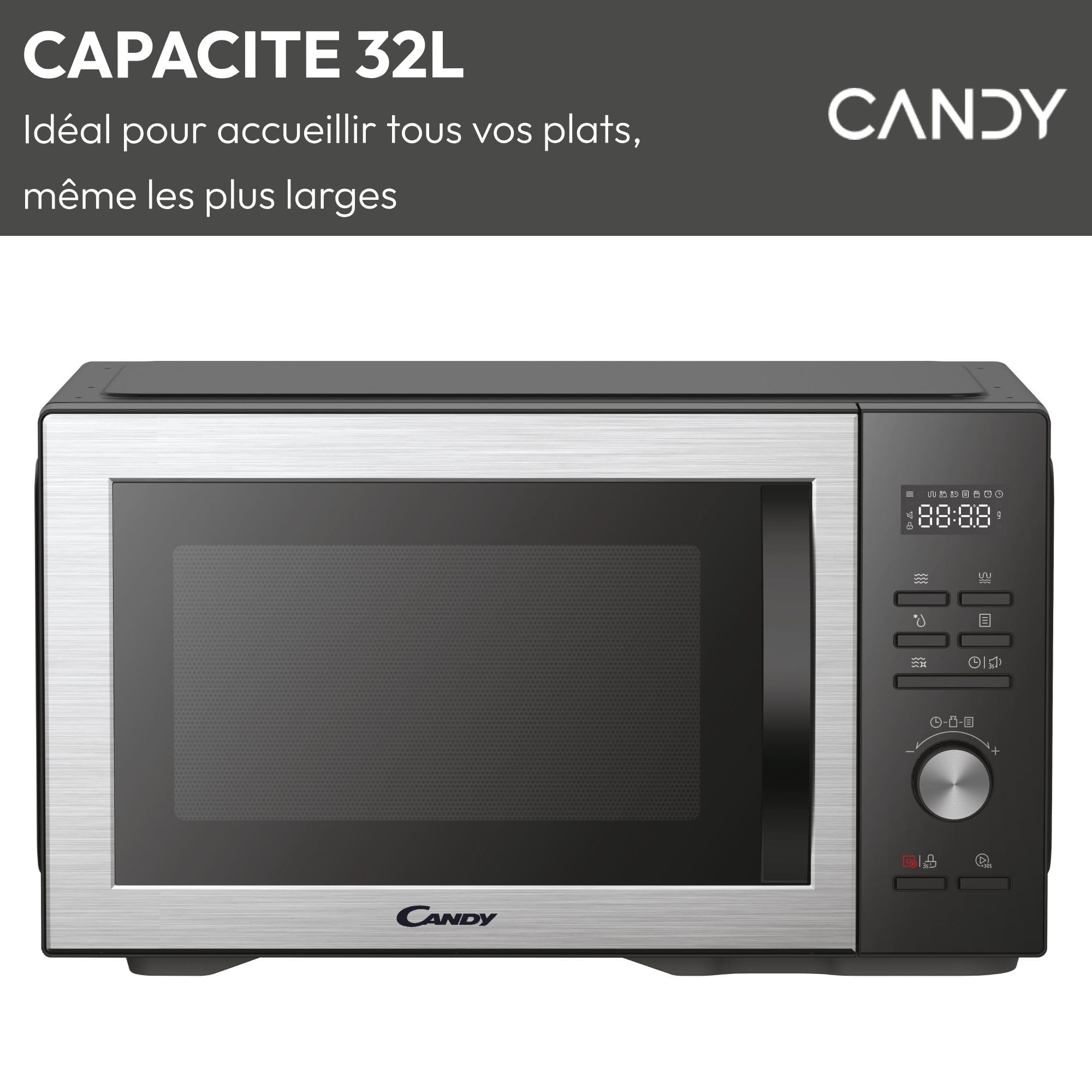 Candy CMGA31EDLB Four Micro-ondes, Gril Quartz 1000W, Grande Capacité 31L, Recettes Automatiques, Fonction Gril, Nettoyage Auto, Programmateur digital, Fonction décongélation, Noir Silver