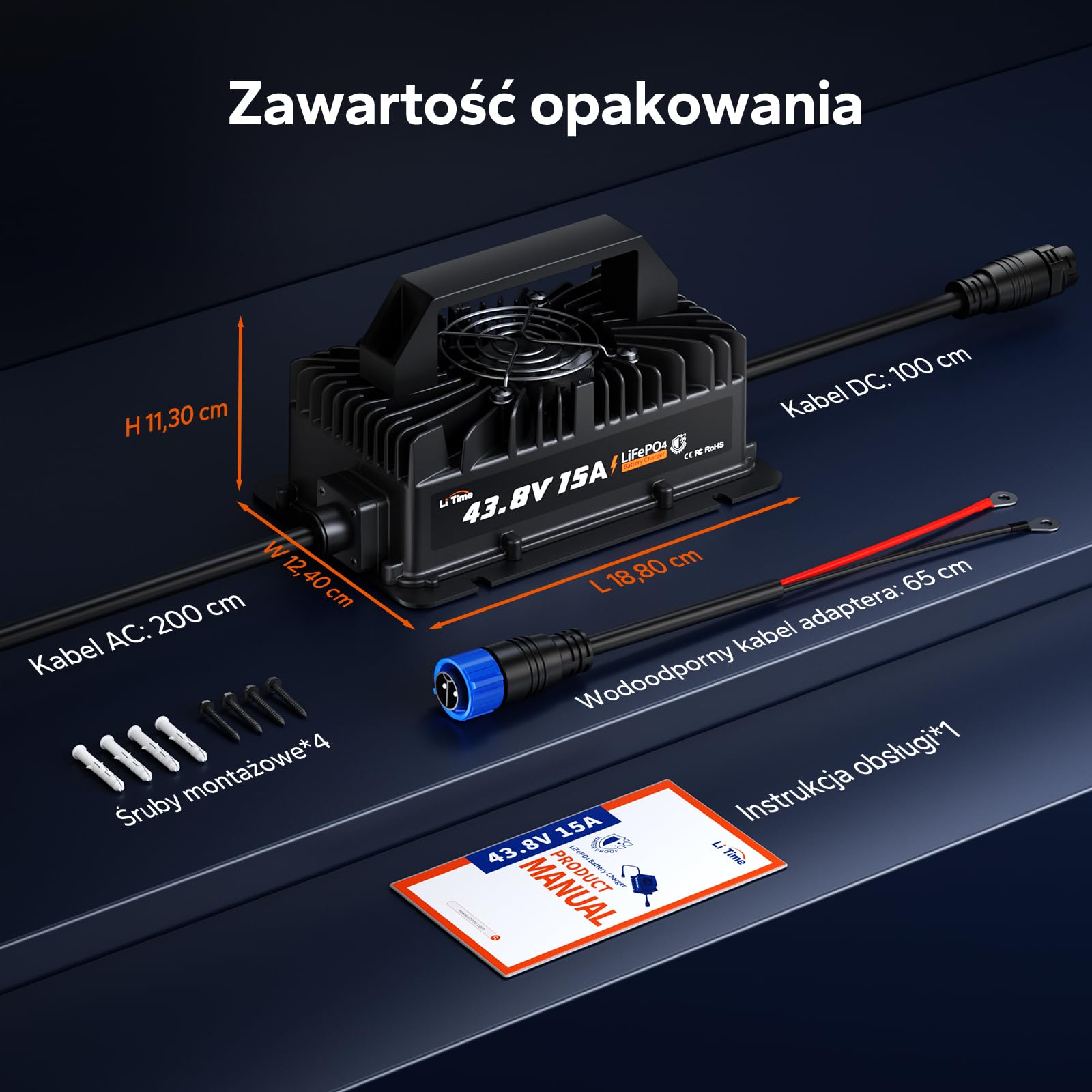 LiTime 36V 15A LiFePO4 ładowarka litowa 43,8V, wodoszczelność IP66, z aktywacją baterii, wskaźnik LED, inteligentna 3-stopniowa ładowarka do wózków golfowych, kamperów, łodzi