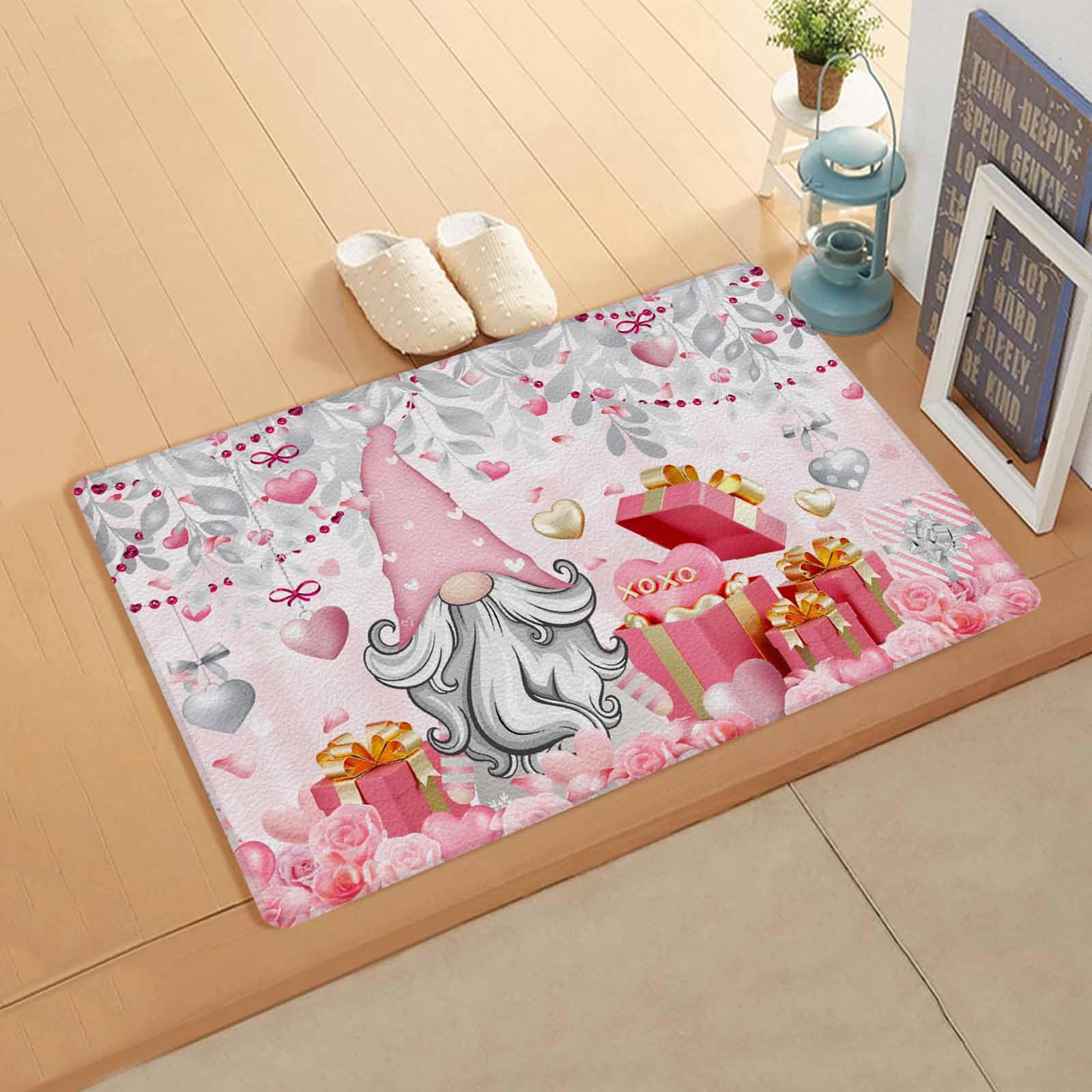 Valentine Gnomes Kitchen Bath Door Mat Cushioned Runner Rug,Washable Welcome Floor Sink Antifatigue Mat,Waterproof & Non-Slip Comfort Standing Doormat,Pink Flower Silver Eucalyptus Leaves 18