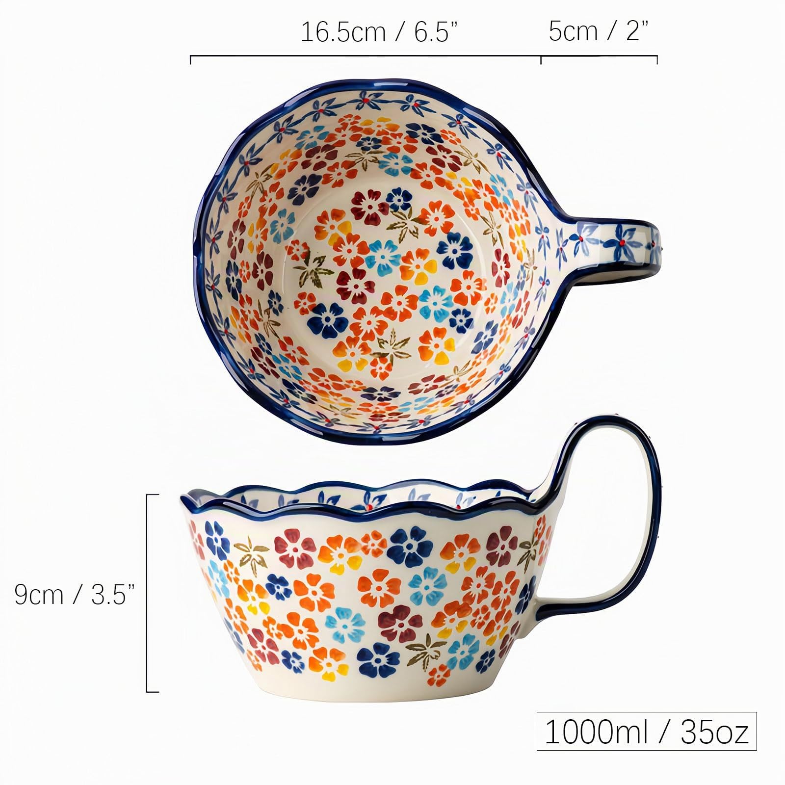 Grand bol à ramen en céramique de 1 000 ml, passe au micro-ondes, bol à soupe, grande tasse à soupe (fleur-A)