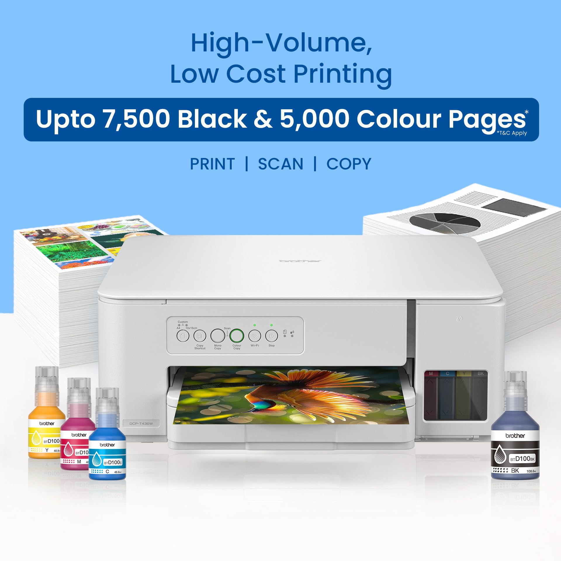 Brother DCP-T436W (New Launch) WiFi Multifunction Print Scan Copy Ink Tank Color Printer Best for Home, 27/11 PPM BK/CL, Print Upto 7.5 K Pages in Black & 5 K in Color Each for(CMY),Free Installation — Amazon image 2