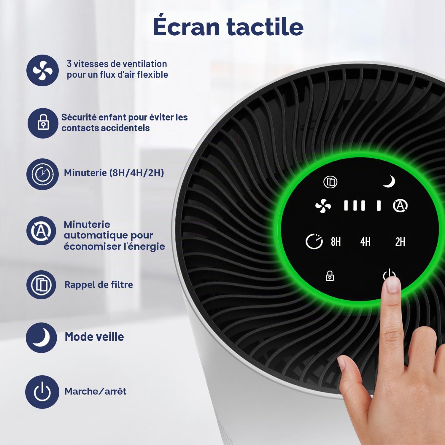 Purificateur d'air pour personnes allergiques, filtre à air HEPA contre les moisissures, la poussière et les poils d'animaux jusqu'à 0,3 µm pour les chambres à coucher (Blanc Neigé)