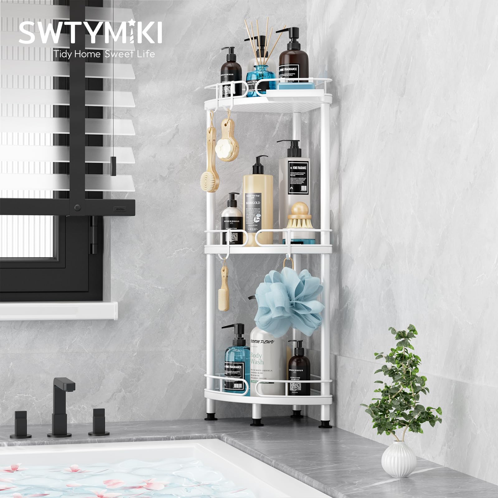 SWTYMIKI Corner Shower Caddy Standing, 3 Tier Stainless Steel Shower Organizer Stand with 4 Hooks & Soap Holder - Image 4