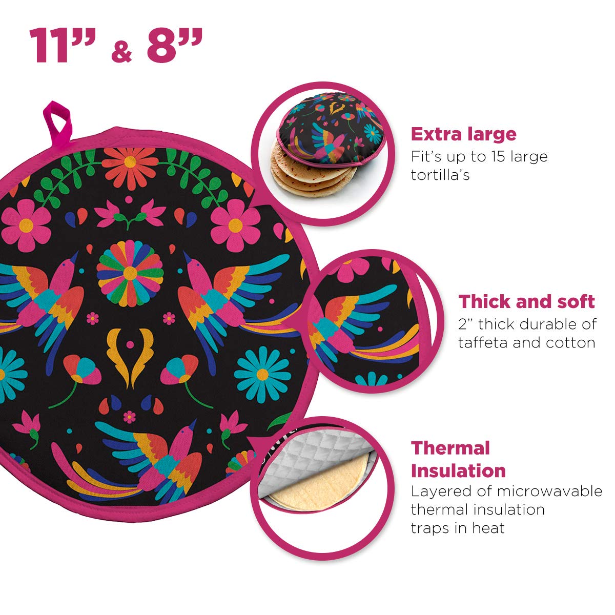 Black Bird Otomi Tortilla-Wärmer – 2 Stück Baumwollbeutel 27,9 cm und 20,3 cm – hält Tortillas warm und elegant für Taco-Dienstag