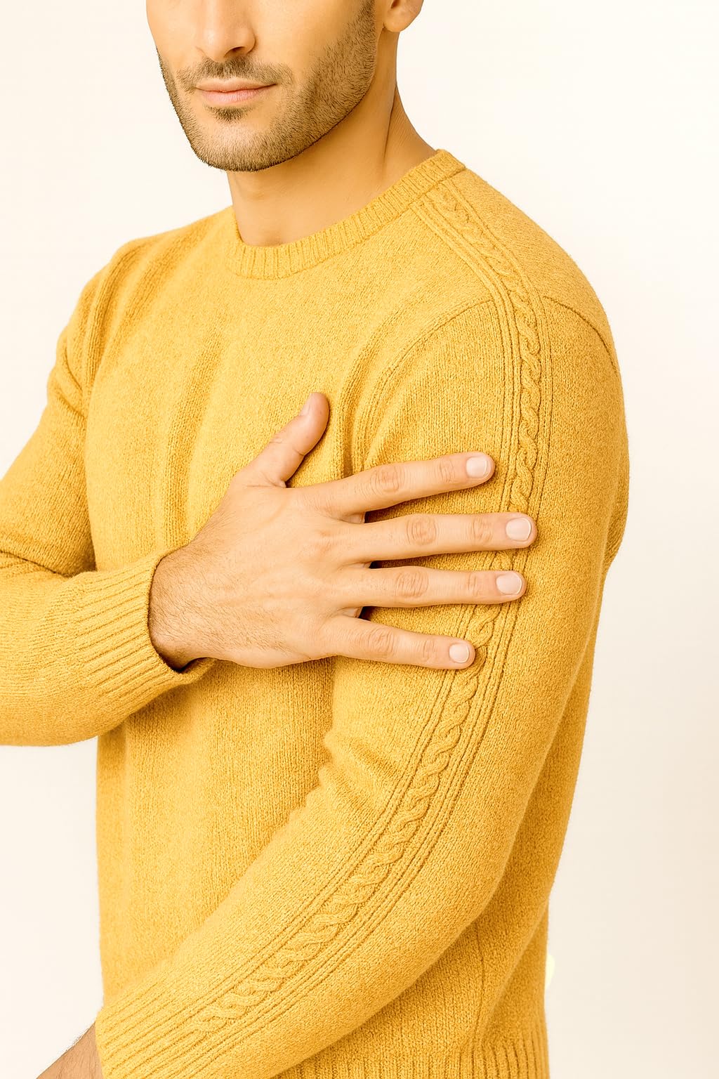 Maglione Girocollo in Calda e Morbida Lana - Maglia da Uomo in Tinta Unita con Fantasia a Treccia - Made in Italy
