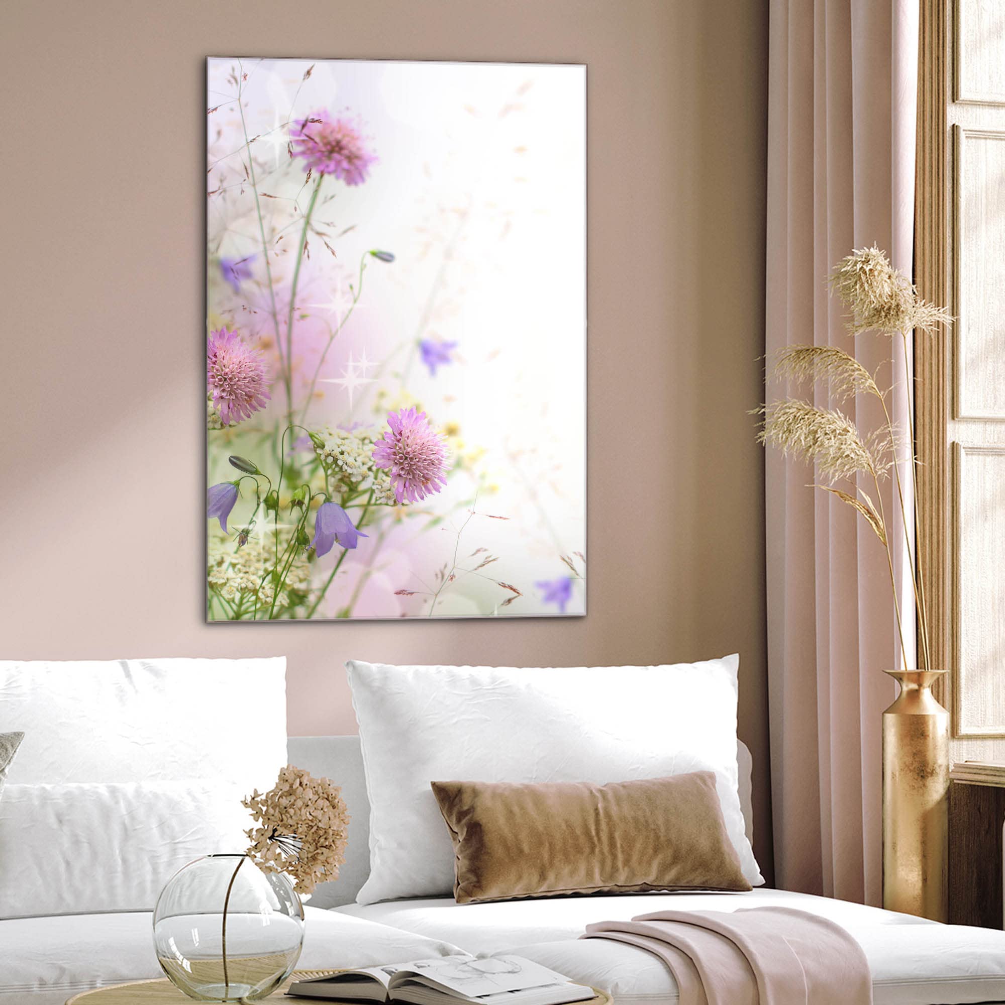 banjado Magnettafel aus Glas 40x60, Blumenmotiv, beschreibbar | Florale Glas-Pinnwand für Notizen und Fotos, mit Motiv Glitzernde Wiese aus der Pflanzenwelt