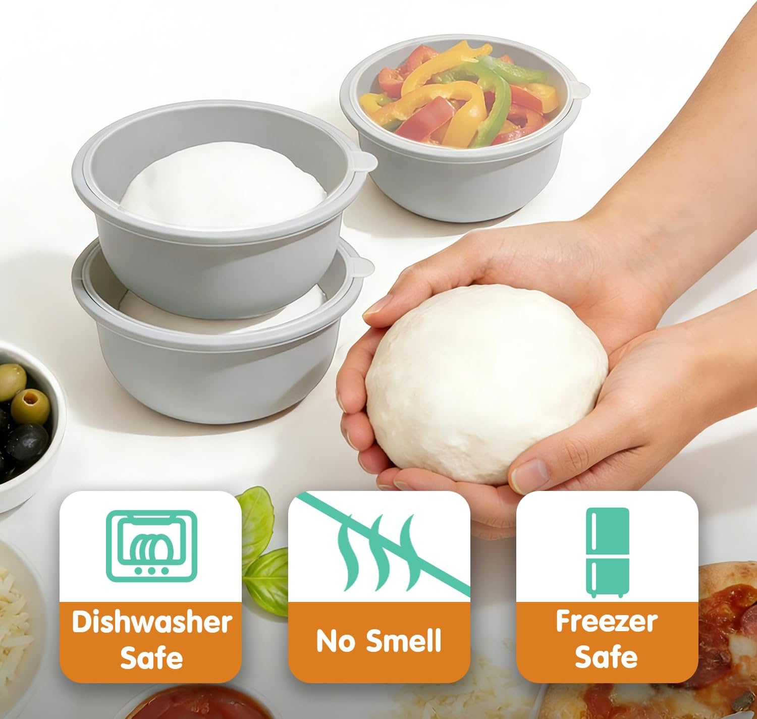 3Pcs Stackable Silicone Pizza Dough Proofing Proving Containers with Lids,Pizza Dough Proofing Box 700ml For Home Kitchen | Make 12" Pizzas (Grey)