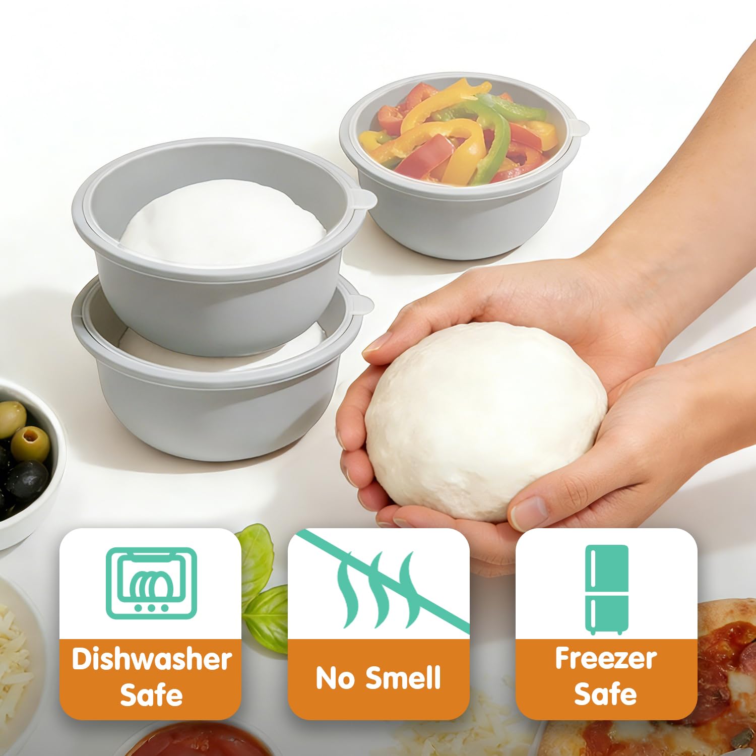 3 contenitori impilabili in silicone per pasta per pizza e pizza, con coperchio, scatola per prove di pasta per pizza da 700 ml (grigio)