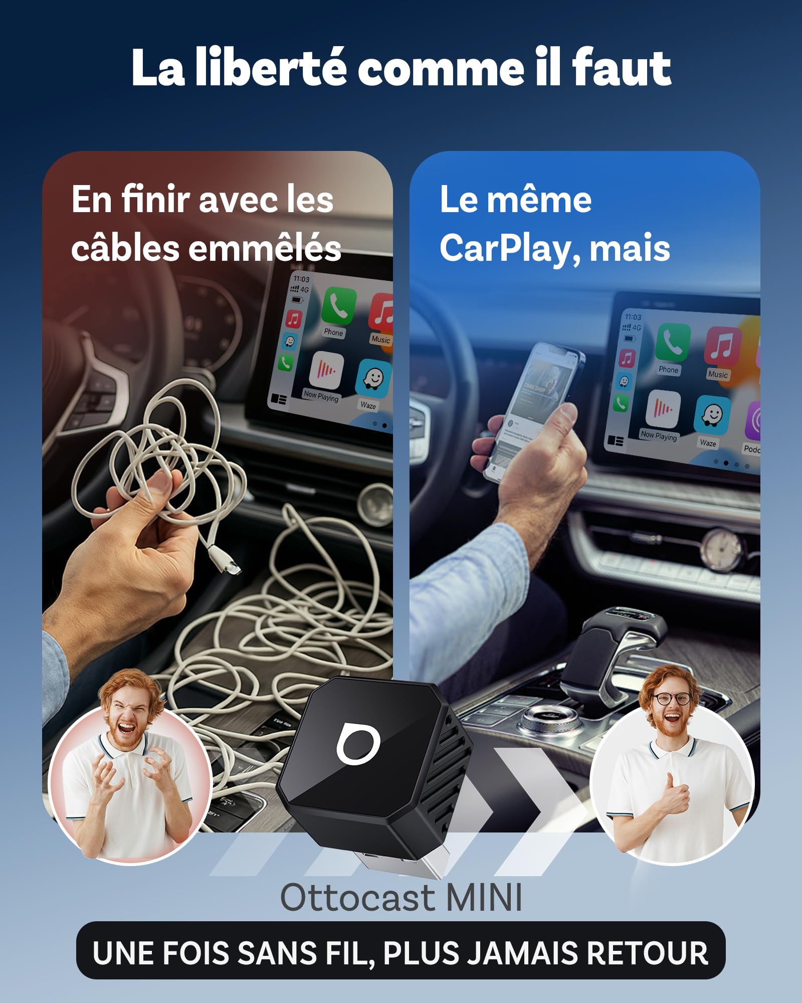OTTOCAST Mini Pot, Adaptateur CarPlay & Android Auto sans Fil 2026 Upgrade, Plug & Play, WLAN 2.4G+5G, Reconnexion Automatique, Compatible avec Voitures après 2016 avec CarPlay/Android Auto Filaire