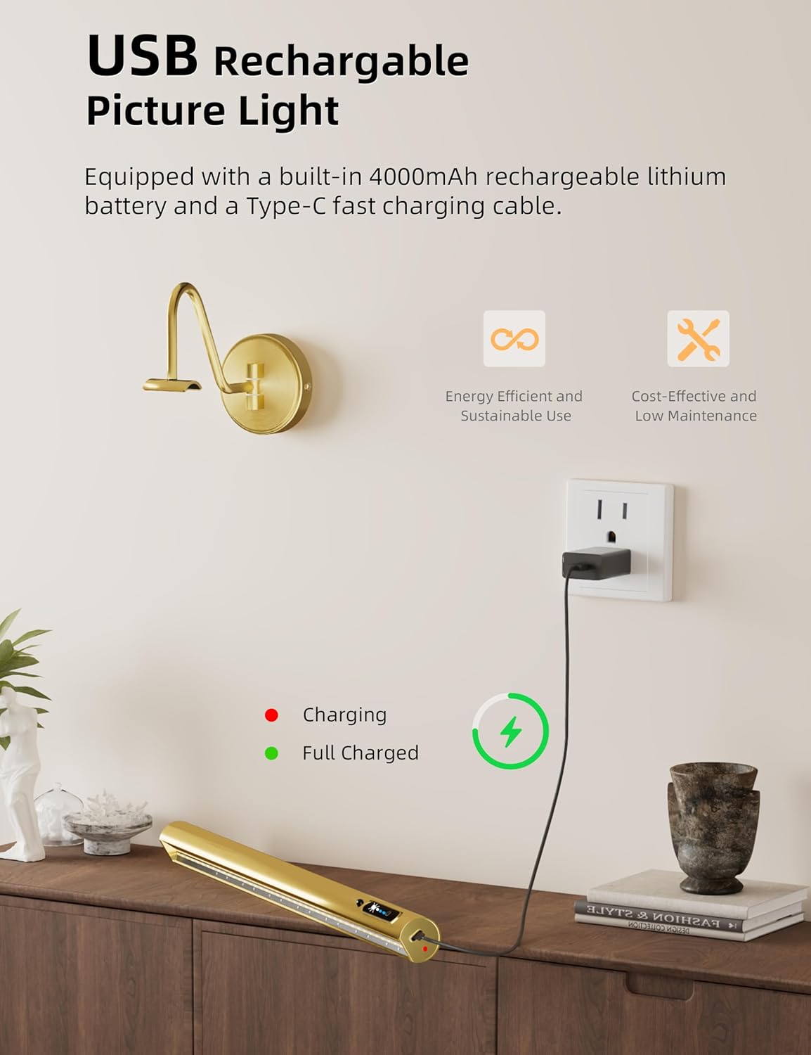 VOLISUN Picture Lights for Wall, 15.7'' Rechargeable Picture Light Battery Operated, 3 Color Temps Cordless Picture Light with Remote, Magnetic Art Light for Painting, Gallery, Portrait, 2 Pack(Brass)