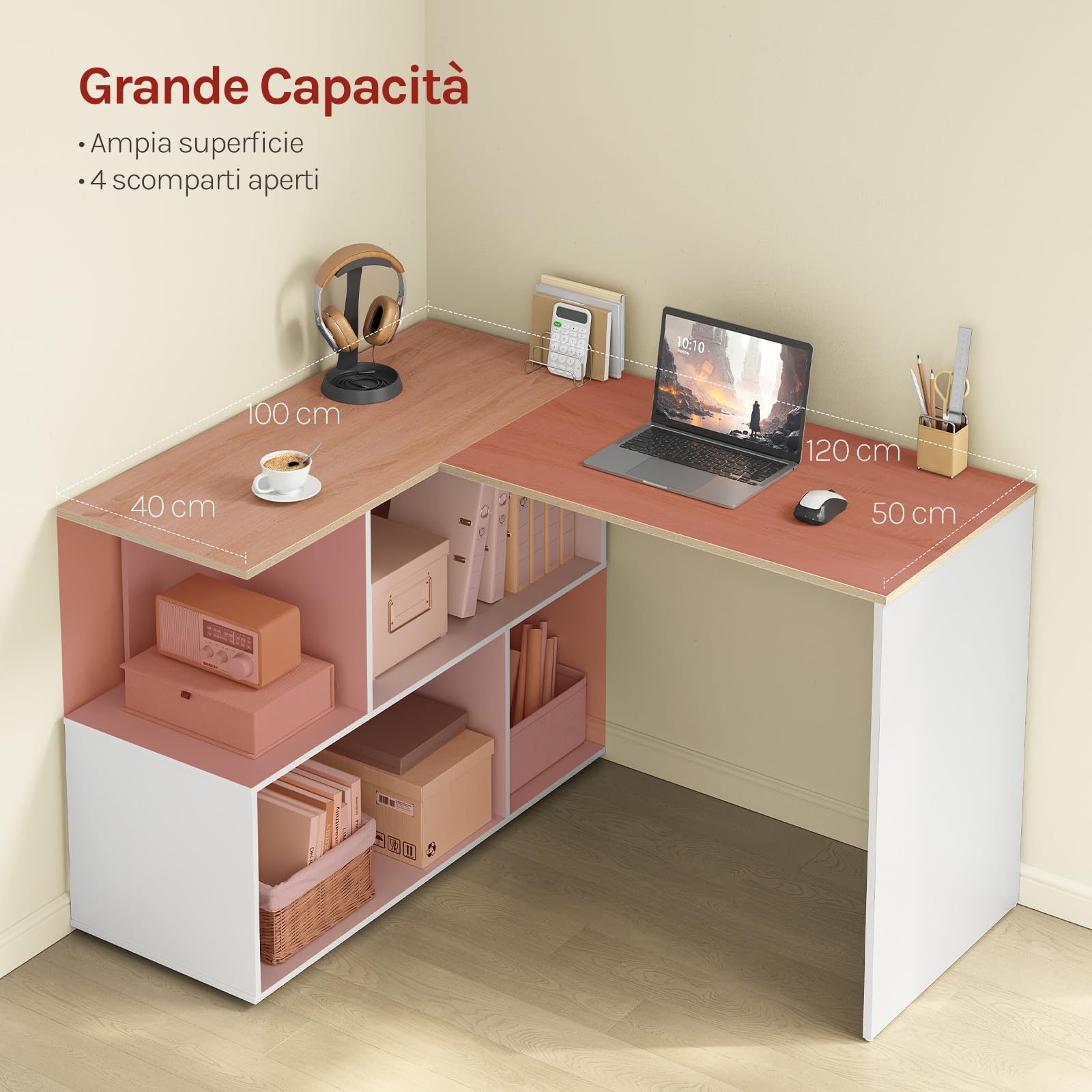 WOLTU Scrivania Angolare, 120x100 cm Scrivania a Forma di L con Libreria, Bianco+Rovere Chiaro, Scrivania Ufficio per Computer, Tavolo da Lavoro, Studio and Soggiorno