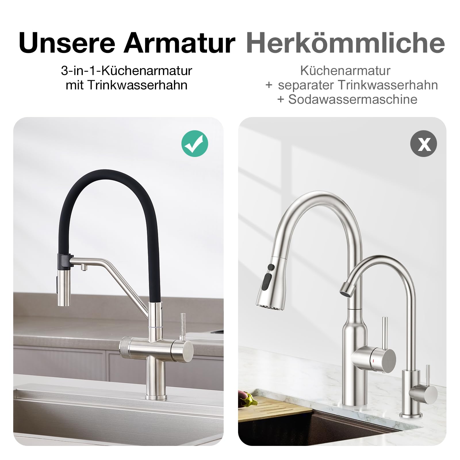 Faustina 4 Wege Küchenarmatur abnehmbar, Doppelhebel Armatur Wasserhahn Küche mit Trinkwasser und Sodawasser Spültischarmatur mit Schwarzer flexibler Silikon Weichschlauch