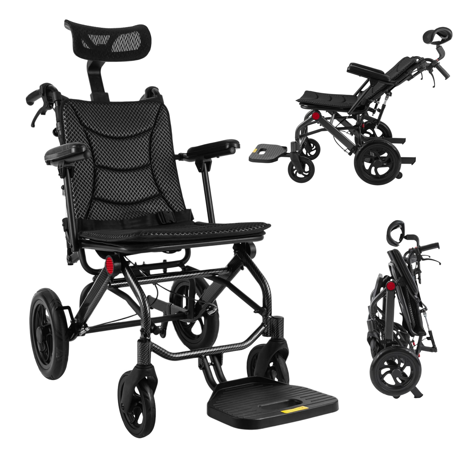 Silla de ruedas plegable ligera con asiento ergonómico y reposacabezas, silla de ruedas portátil de viaje, cómoda silla de ruedas con bolsa de viaje y ruedas bloqueables, capacidad de