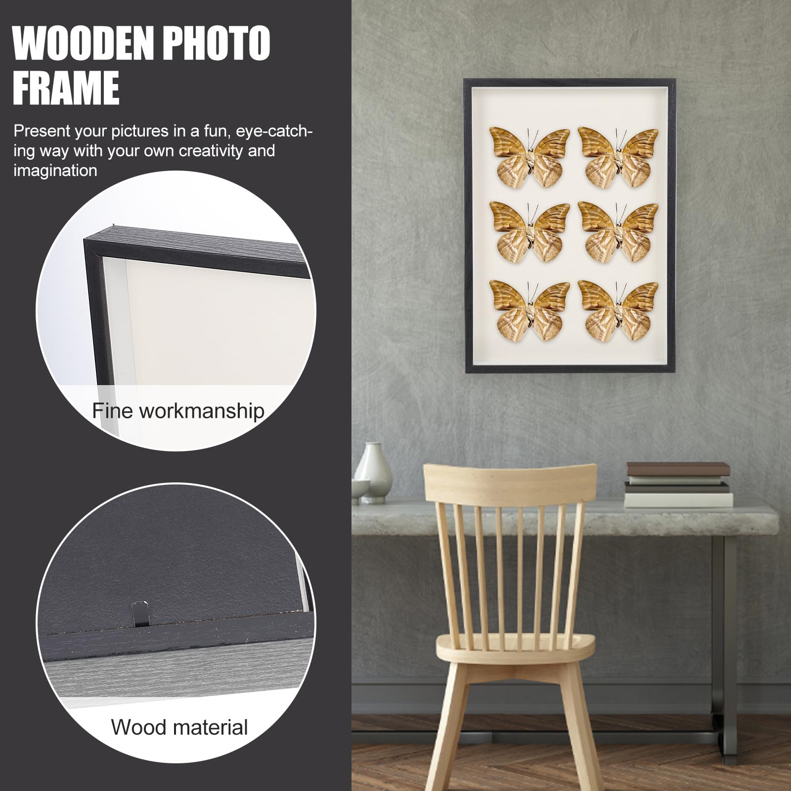 Marco de Madera Foto Simple Soporte de Escritorio y Pared Diseño Plano Estable para Fotos Negro de Profundidad