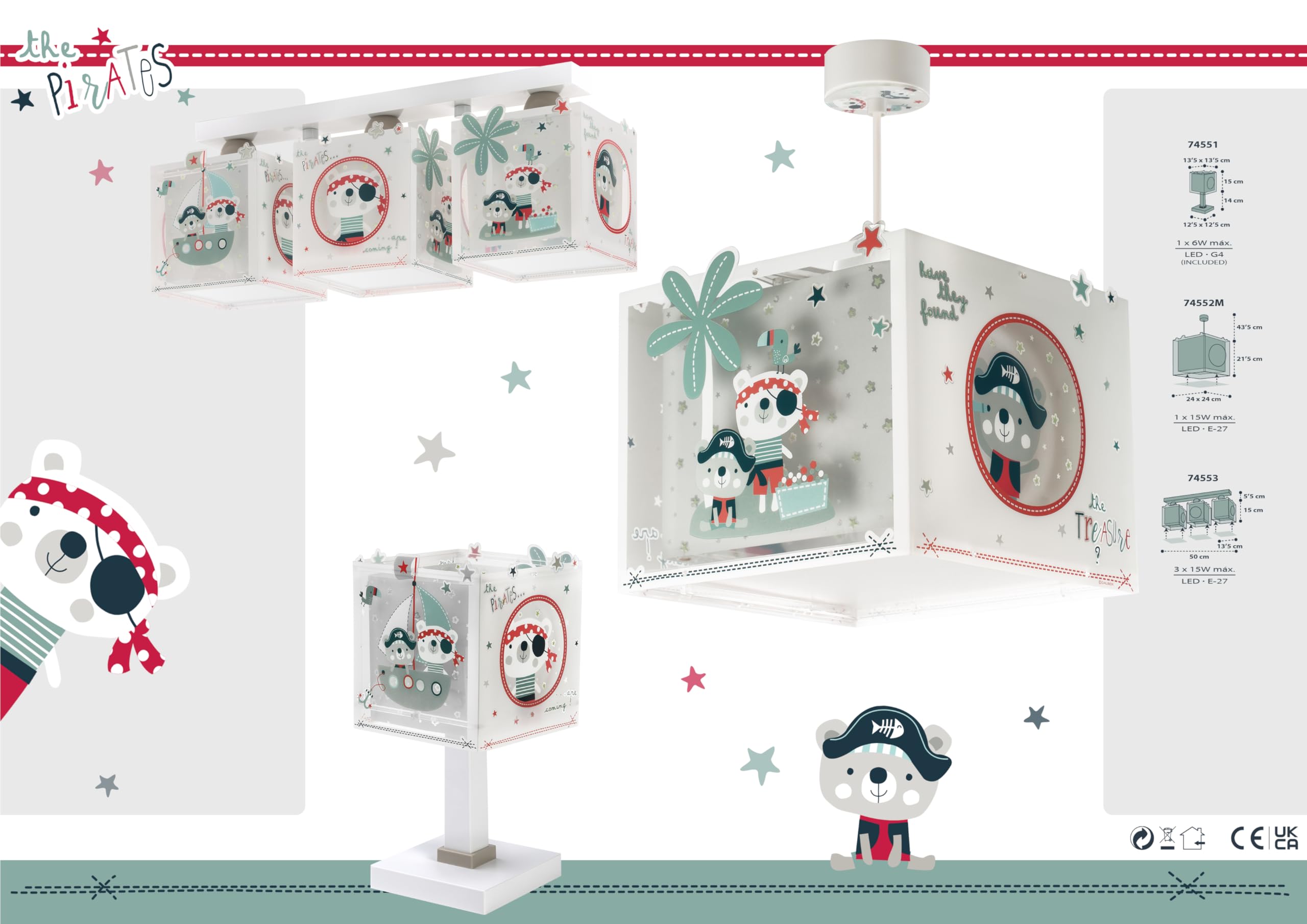Dalber Lámpara Plafón Techo Infantil 3 Luces Piratas 74553 E27 | E27 - 3 x 15W; plafones infantiles