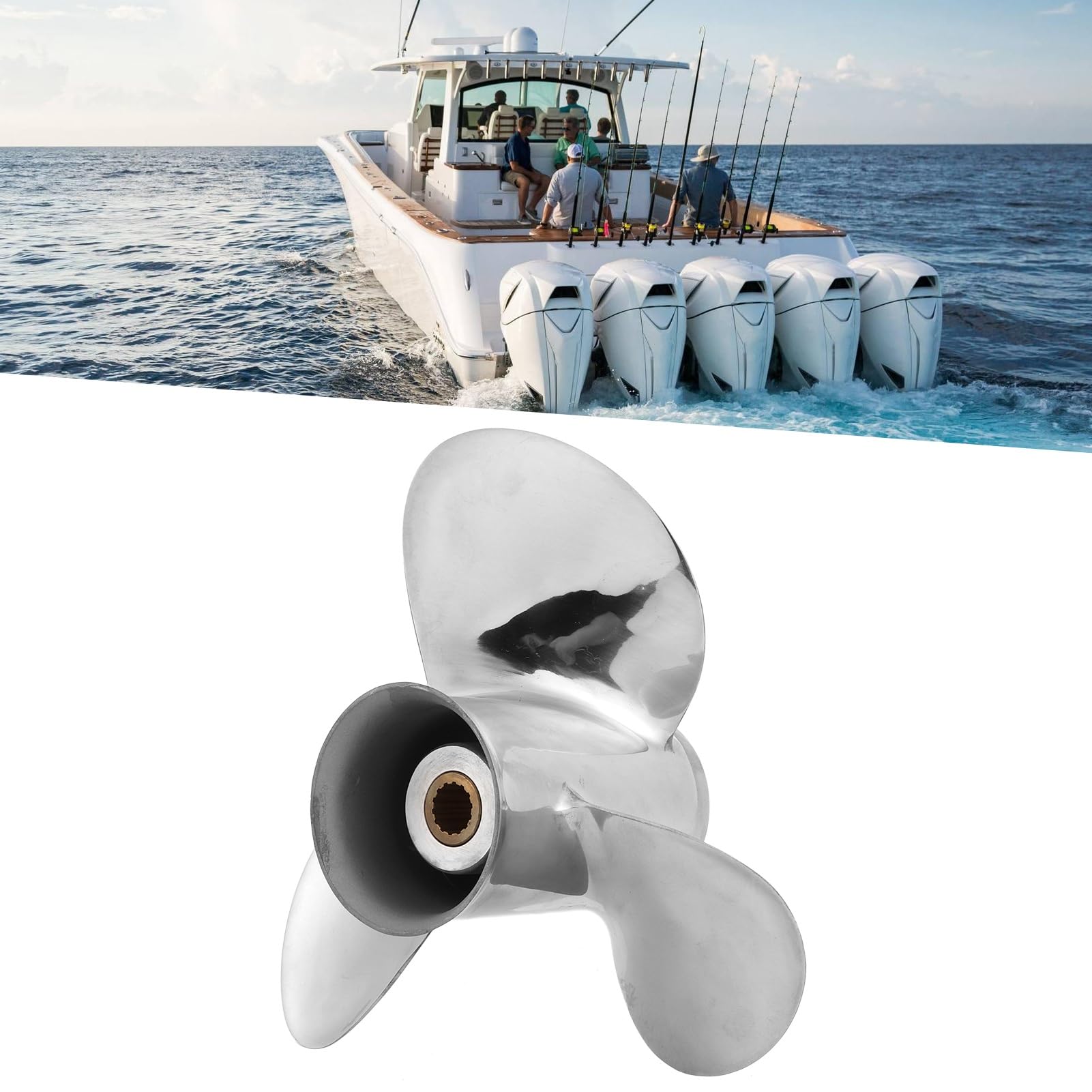 Elica Fuoribordo a 3 Pale in Acciaio Inox, 14 Spline, Scatola Ingranaggi da 2,5" - Adatta per Motori da 9,9-20 CV