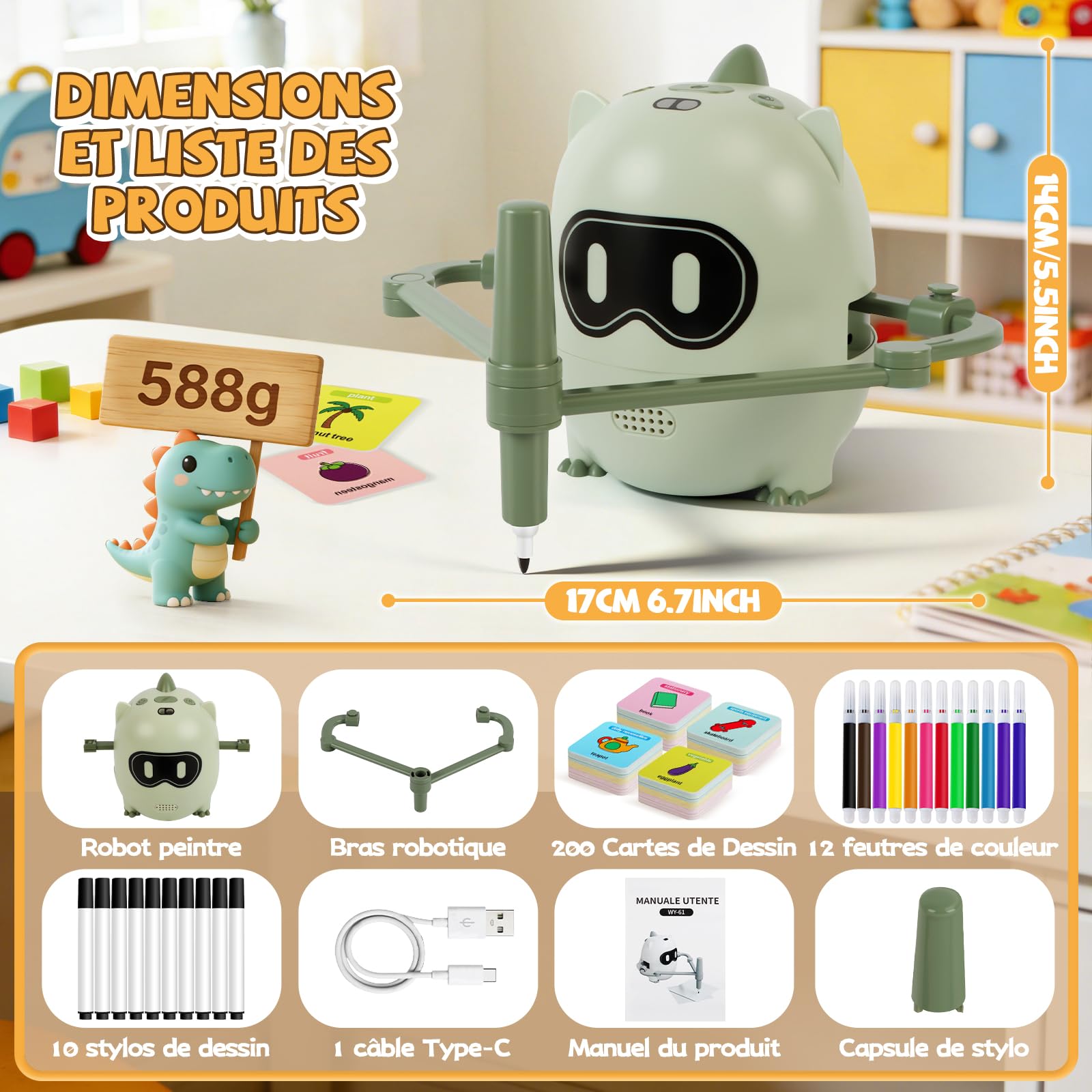 Charmofun Robot Dessinateur Enfant, 200 Cartes d'apprentissage, Robot de Dessin pour Enfants avec Reconnaissance par Caméra, Jouet Éducatif Montessori pour Garçons Filles à Partir (Vert)