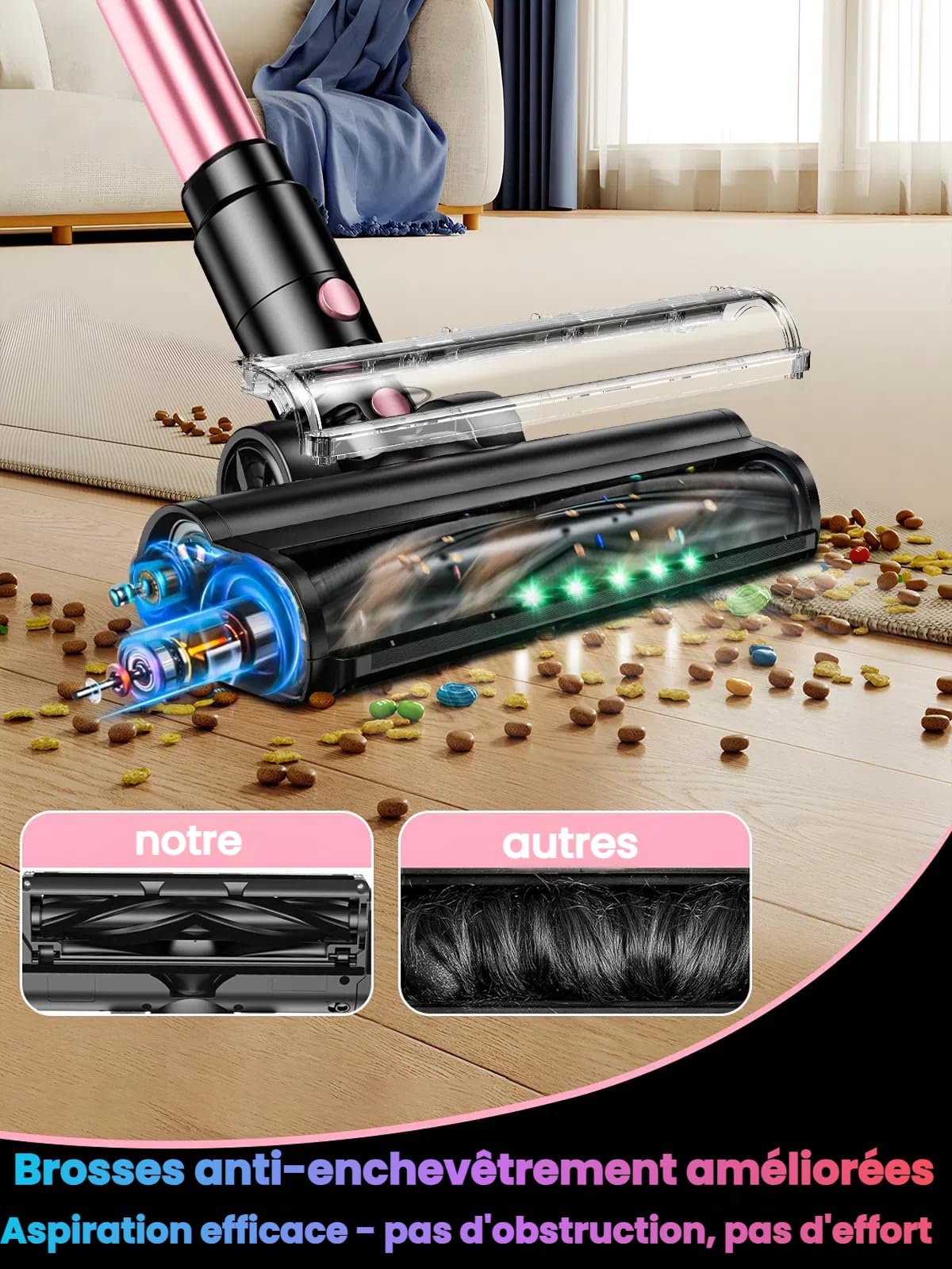 Aspirateur Balai sans Fil 52KPa/500W/45Mins, Écran LED, Tuyau Extensible, Brosse Anti-Enchevêtrement, Filtration 5 Niveaux, Idéal pour Sols Durs, Tapis, Poils d'animaux et Voiture - Rose