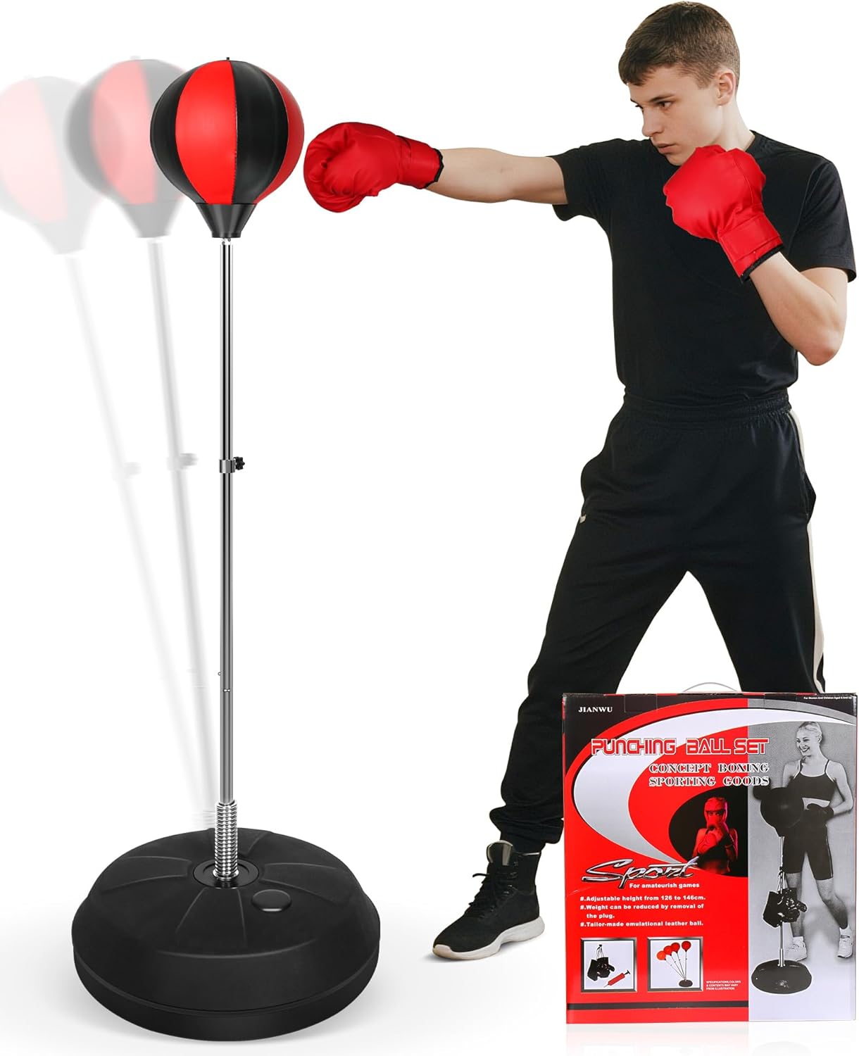 fitness reflex bag, speed ball stand punching bag with gloves, boxing bag for adults and teens, 59in great mma training black red