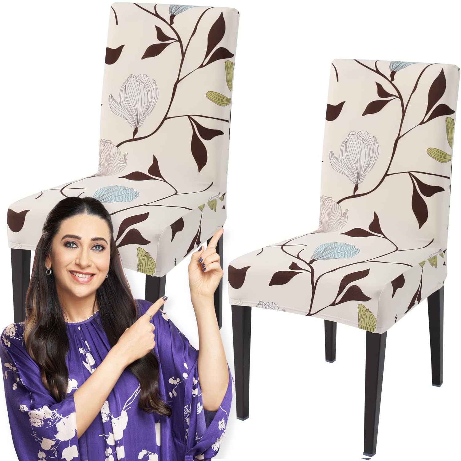 HOKIPO Polyester Blend Stretchable Dining Table Chair Cover Set of 2 Seat Protector Slipcovers (Ar-4097-D20*2), Beige-image-14